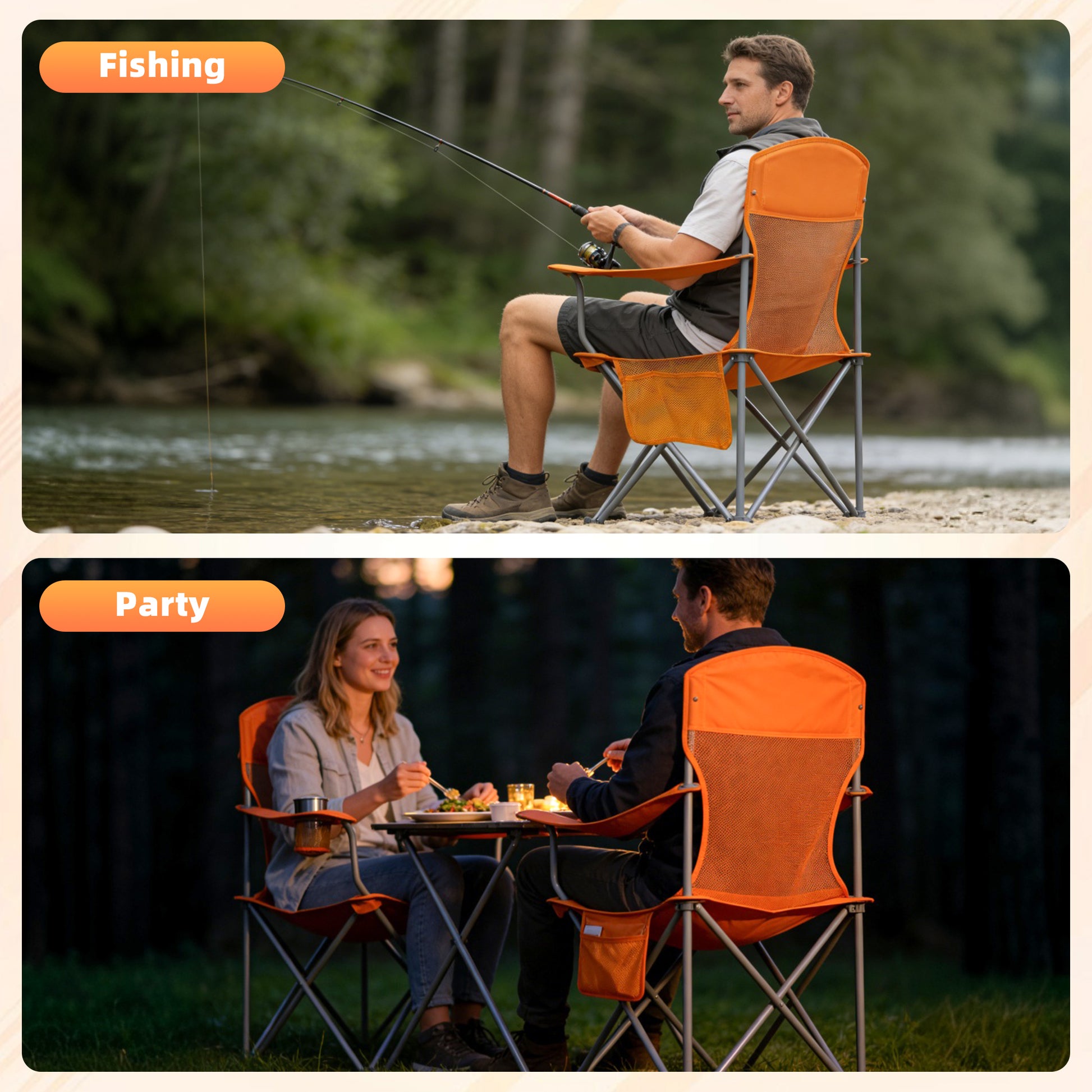 LIFERECORD Portable Camping Chair with Cup Holder & Side Pocket, Lightweight Folding Outdoor Chair for Beach, Fishing, Picnic, Heavy Duty 300LBS Capacity, Orange