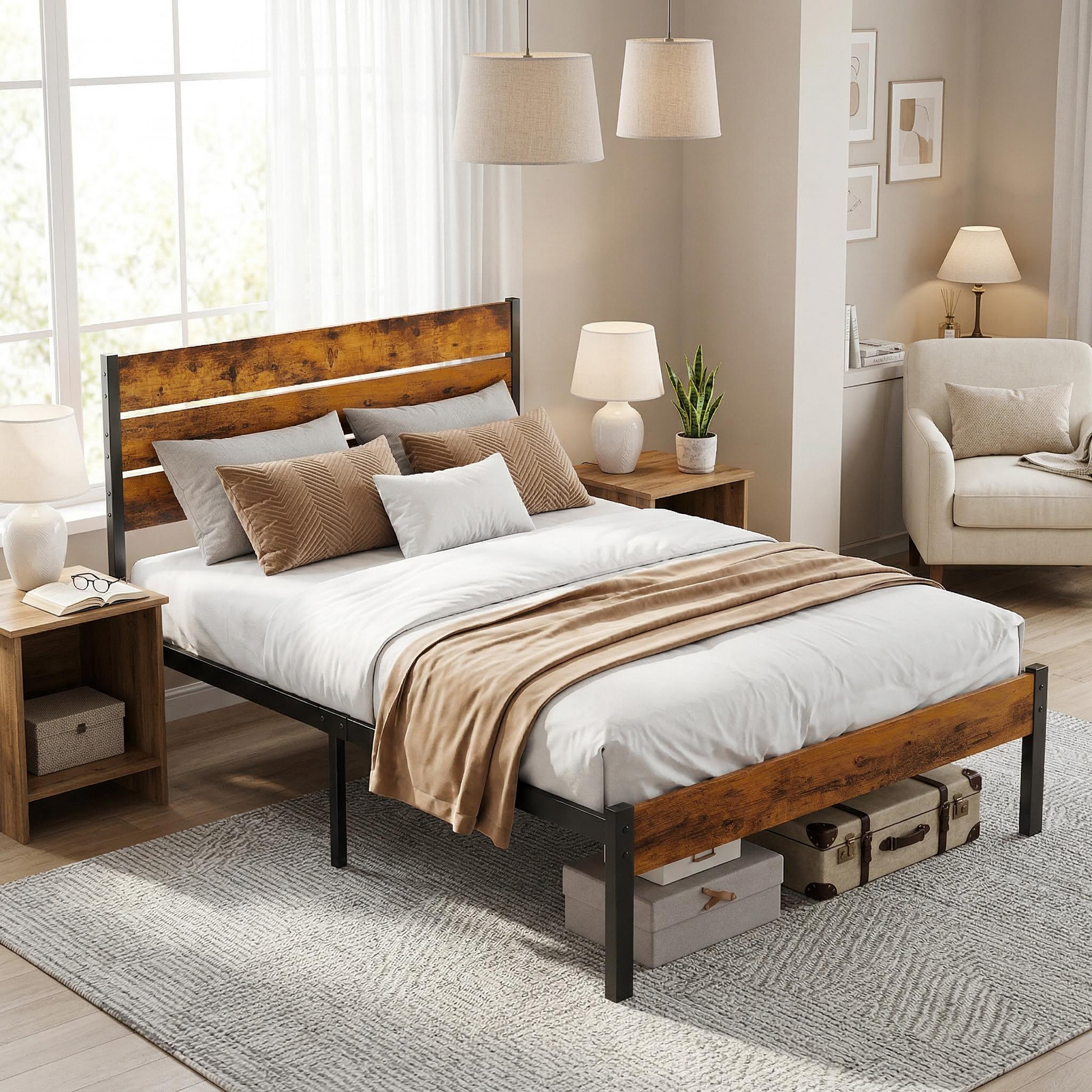 LIFERECORD Twin Size Bed Frame with Headboard, 800LBS Heavy Duty Metal Support, 12.8" Under Bed Storage, No Box Spring Needed, Easy Assembly, Noise Free, Rust Brown