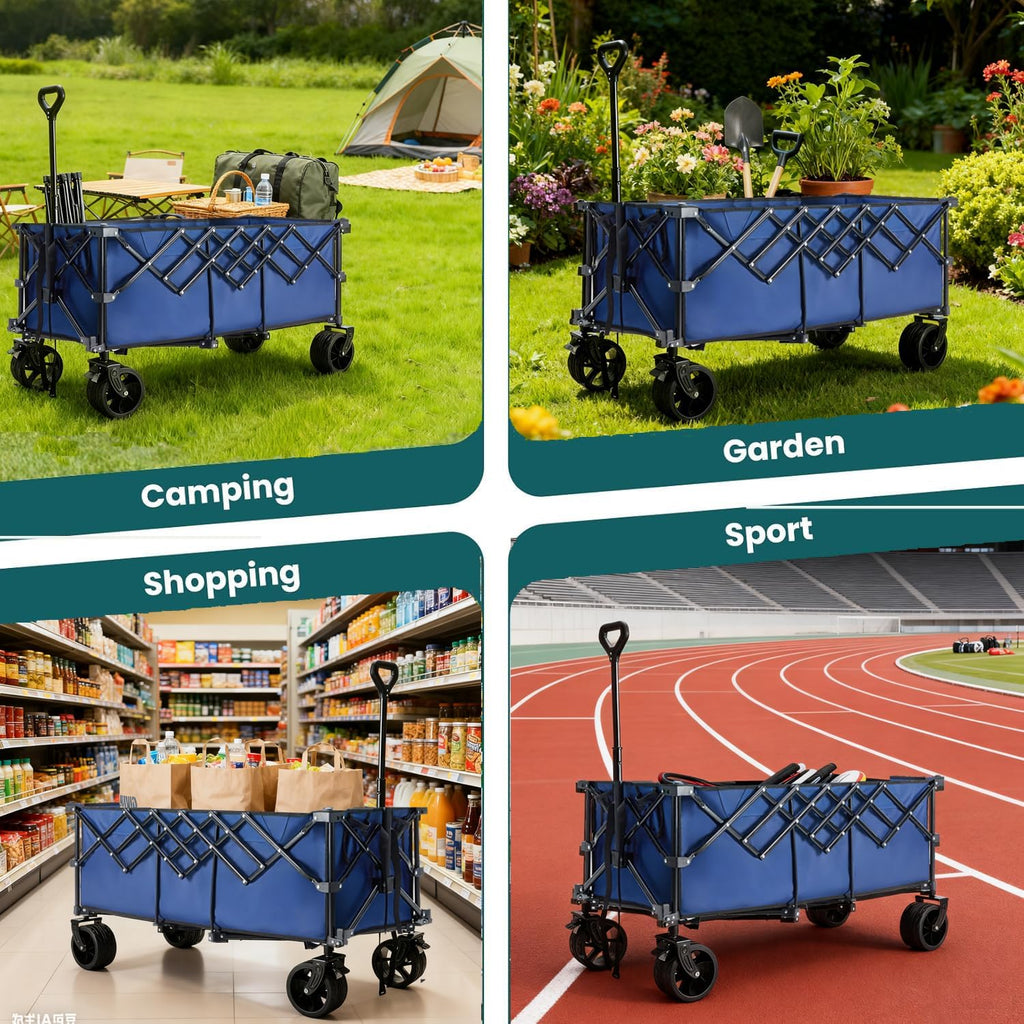 ACCVER Heavy Duty Collapsible Wagon Cart - 440LBS Capacity Folding Utility Cart w/ All-Terrain Wheels for Camping, Beach, Grocery, Sports (Foldable & Portable), Extra Large Blue