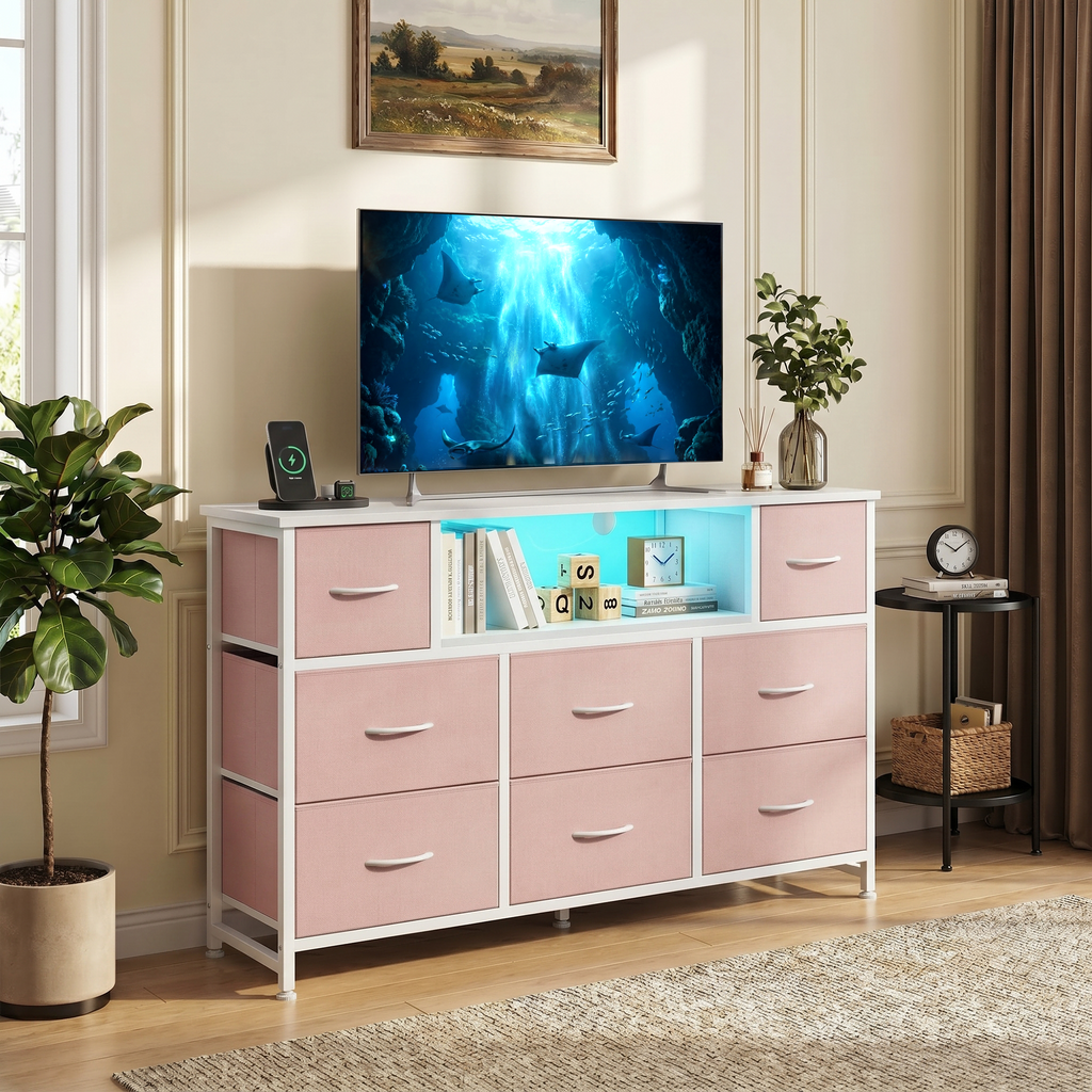LIFERECORD Dresser TV Stand for 45-55 Inch, Chest of Drawers with LED Lights & USB Ports, Entertainment Center with Charging Station, Wood Top Media Console for Bedroom