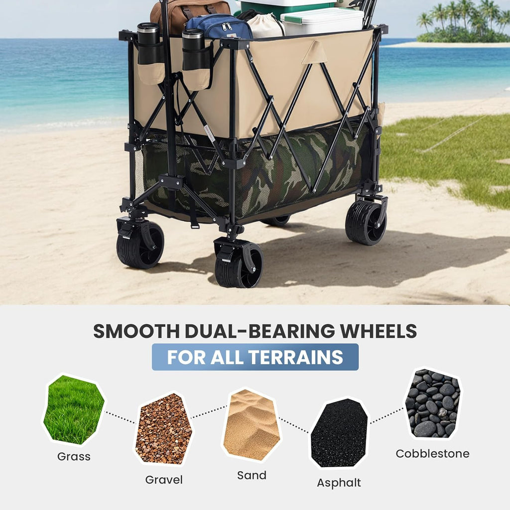 LIFERECORD Heavy-Duty Folding Wagon Cart - 440lb Capacity Foldable Utility Cart with Adjustable Handle & All-Terrain Wheels, Brown