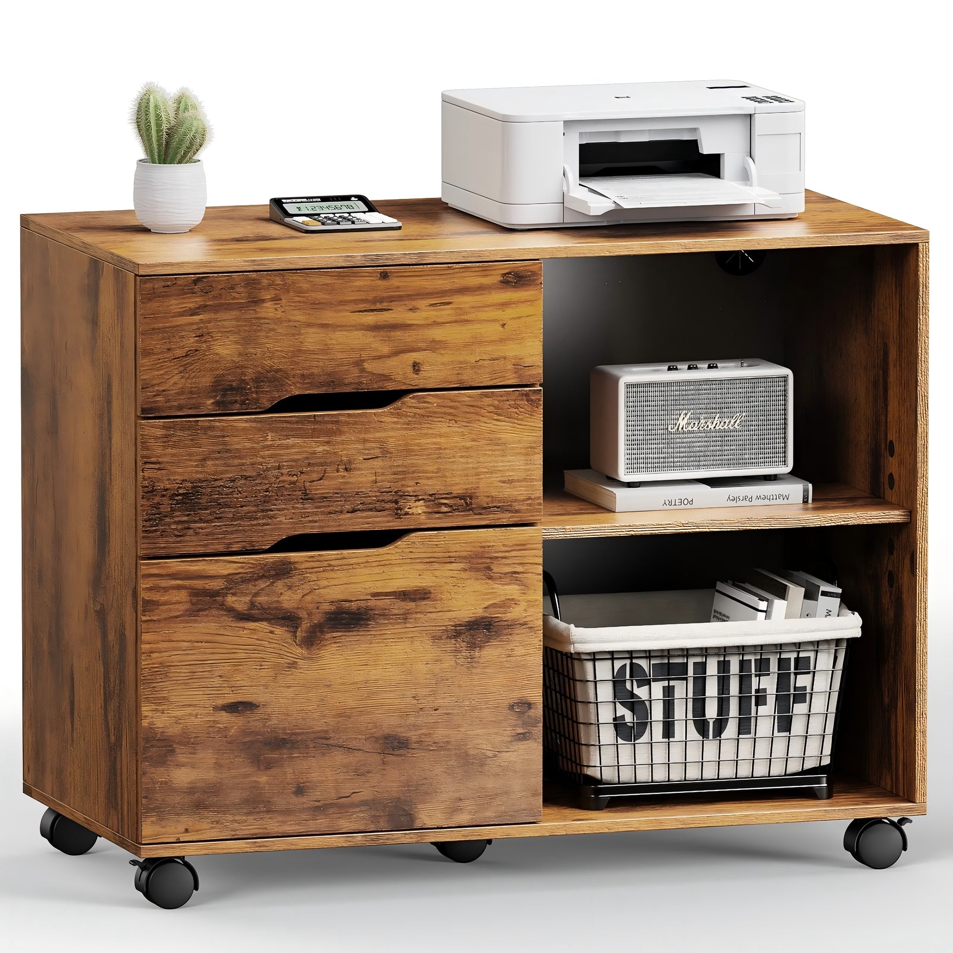 LIFERECORD 3-Drawer Lateral File Cabinet with Wheels, Mobile Rolling File Cabinet with Adjustable Shelf, Printer Stand for Home Office, Under Desk Storage Organizer, Wood Filing Cabinet Rustic Brown