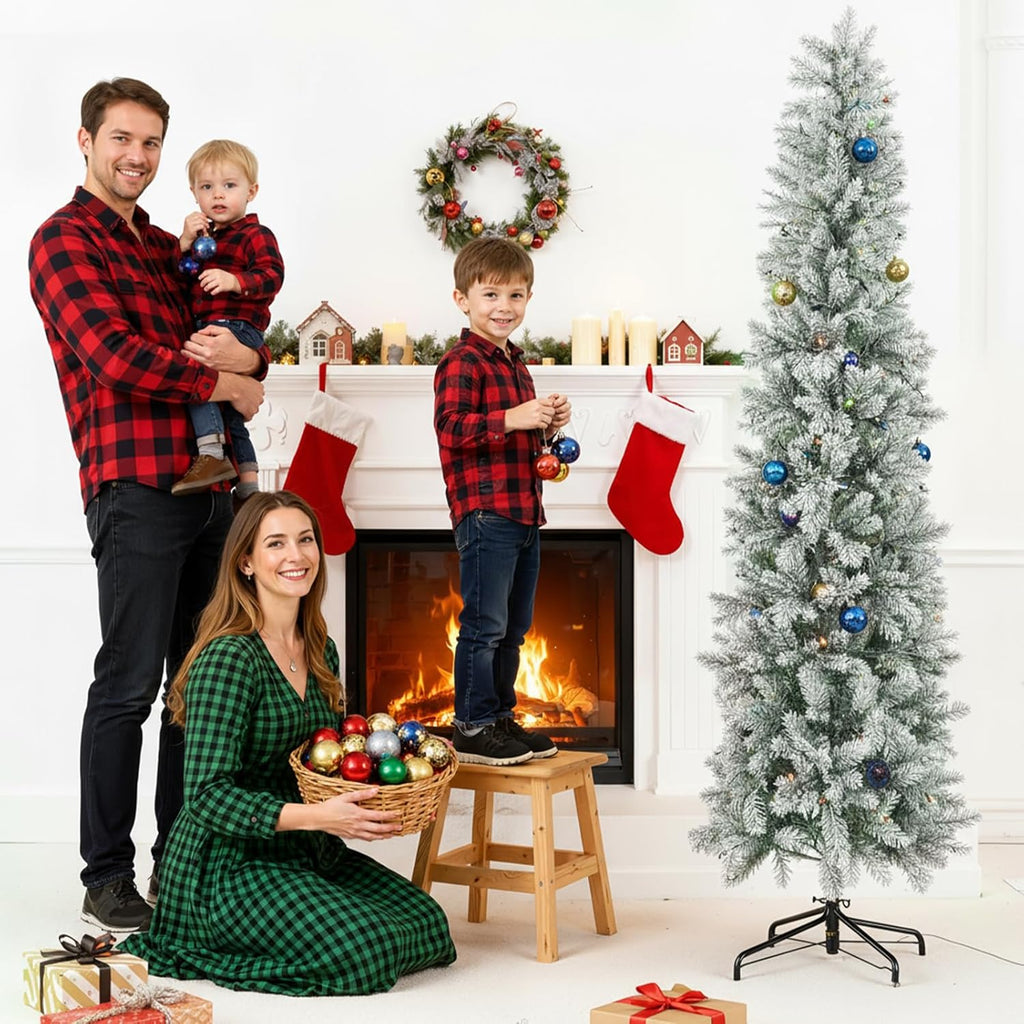 LIFERECORD 7.5ft Prelit Artificial Hinged Slim Pencil Christmas Tree with 350 Lights, 860 Full Branch Tips, 8 Warm Lingting Motes Perfect Decoration for Xmas Holiday, White