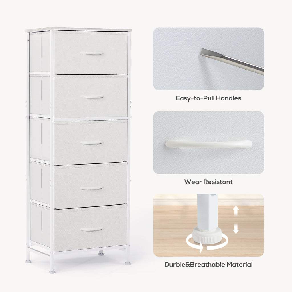 ACCVER Dresser for Bedroom 5 Storage drawer, Fabric Closet Chests Organizer Tower with Wooden Top Metal Frame for Living Room Hallway Entryway, White