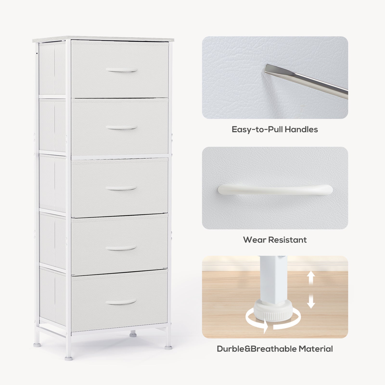 ACCVER Dresser for Bedroom 5 Storage drawer, Fabric Closet Chests Organizer Tower with Wooden Top Metal Frame for Living Room Hallway Entryway, White