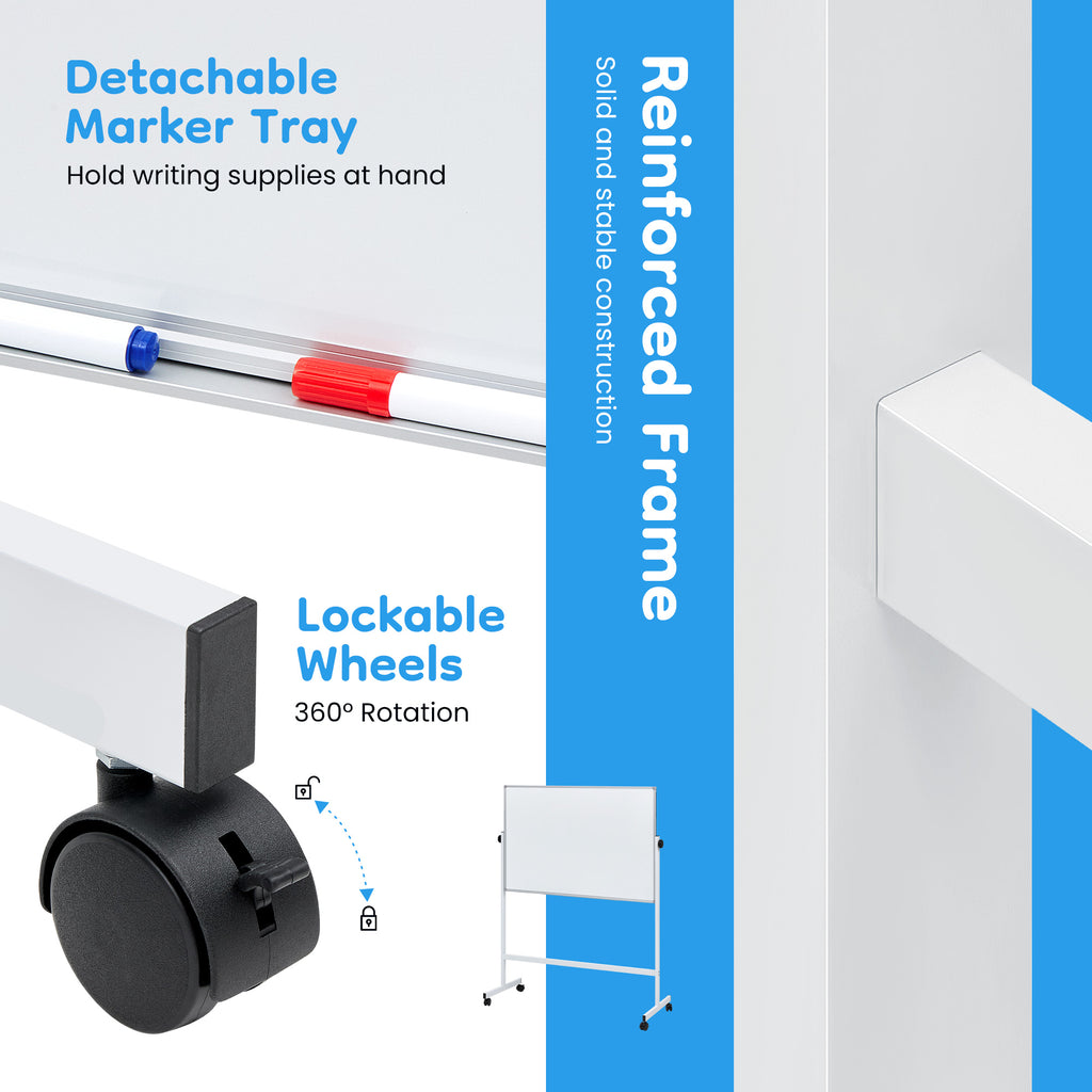 LIFERECORD 46"x32" Double-Sided Magnetic Mobile Whiteboard, Rolling Dry Erase Board Easel Stand on Wheels with Aluminium Frame for School Office Home, White