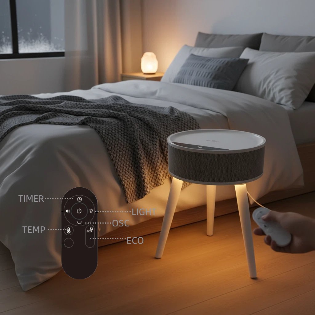 LIFERECORD Space Heater with Side Table, Ceramic 2-in-1 Indoor Heater with Remote, 1500W, Overheat & Tip-Over Protection, 1-12H Timer, LED Light for Home Office Bedroom Use, 23.6 Inch