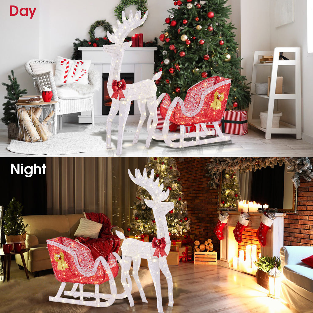 LIFERECORD 4 FT Christmas Lighted Reindeer & Santa's Sleigh, Indoor/Outdoor Xmas Pre-Lit Yard Decoration with 180 LED Lights, Stakes & Zip Ties, Festive Holiday Decoration for Lawn & Garden, White