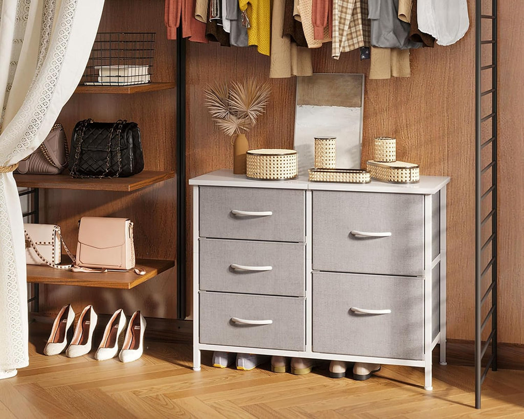 ACCVER 5-Drawer Fabric Dresser with Wood Top & Metal Frame, Closet and Chest for Bedroom, Clothes Storage Organizer, for Living Room, Apartment,Grey