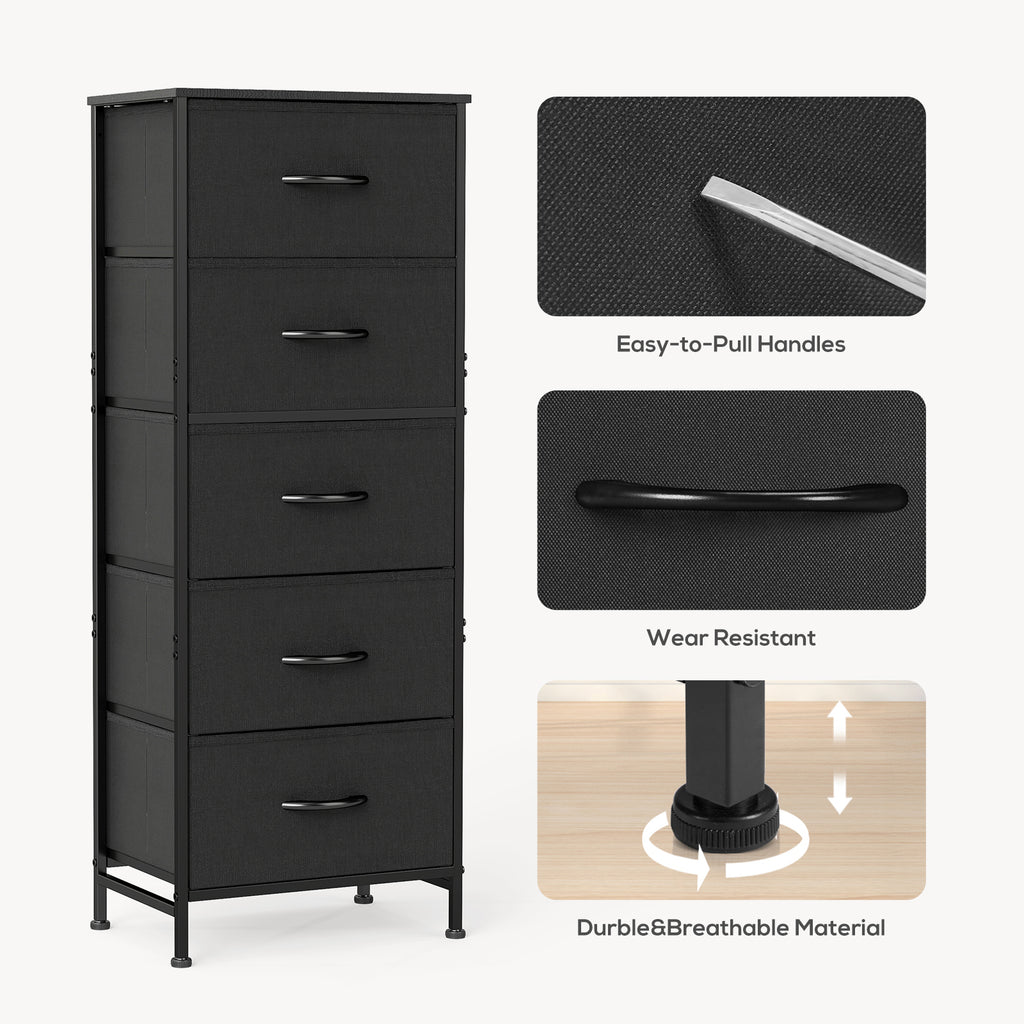 ACCVER Dresser for Bedroom 5 Storage drawer, Fabric Closet Chests Organizer Tower with Wooden Top Metal Frame for Living Room Hallway Entryway, Black