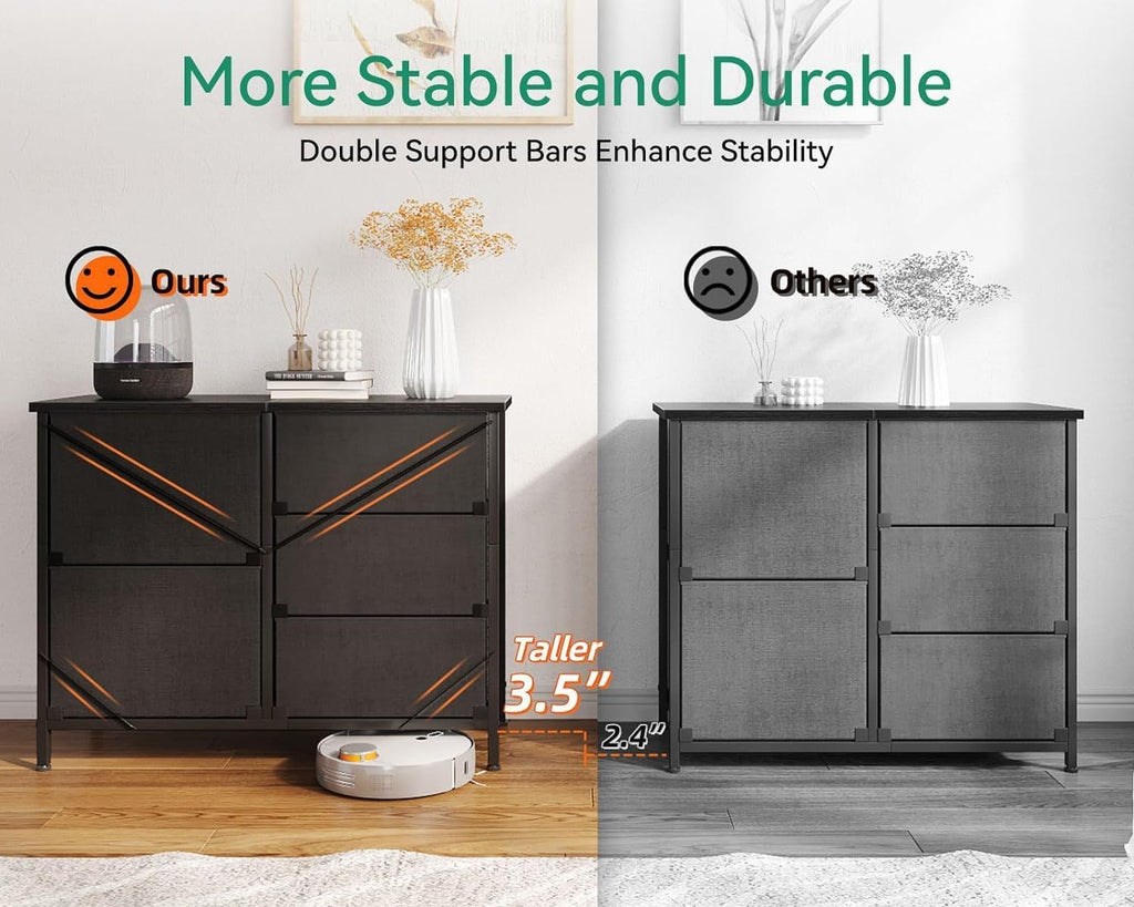 LIFERECORD 5 Drawer Fabric Dresser for Bedroom and Living Room, Chest of Drawer Organizer Storage Cabinet for Closet, Entryway, Black