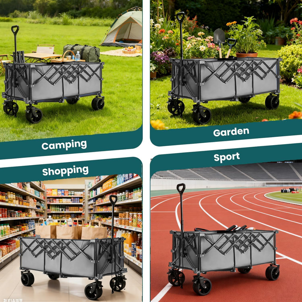 ACCVER Heavy Duty Collapsible Wagon Cart - 440LBS Capacity Folding Utility Cart w/ All-Terrain Wheels for Camping, Beach, Grocery, Sports (Foldable & Portable), Extra Large Grey