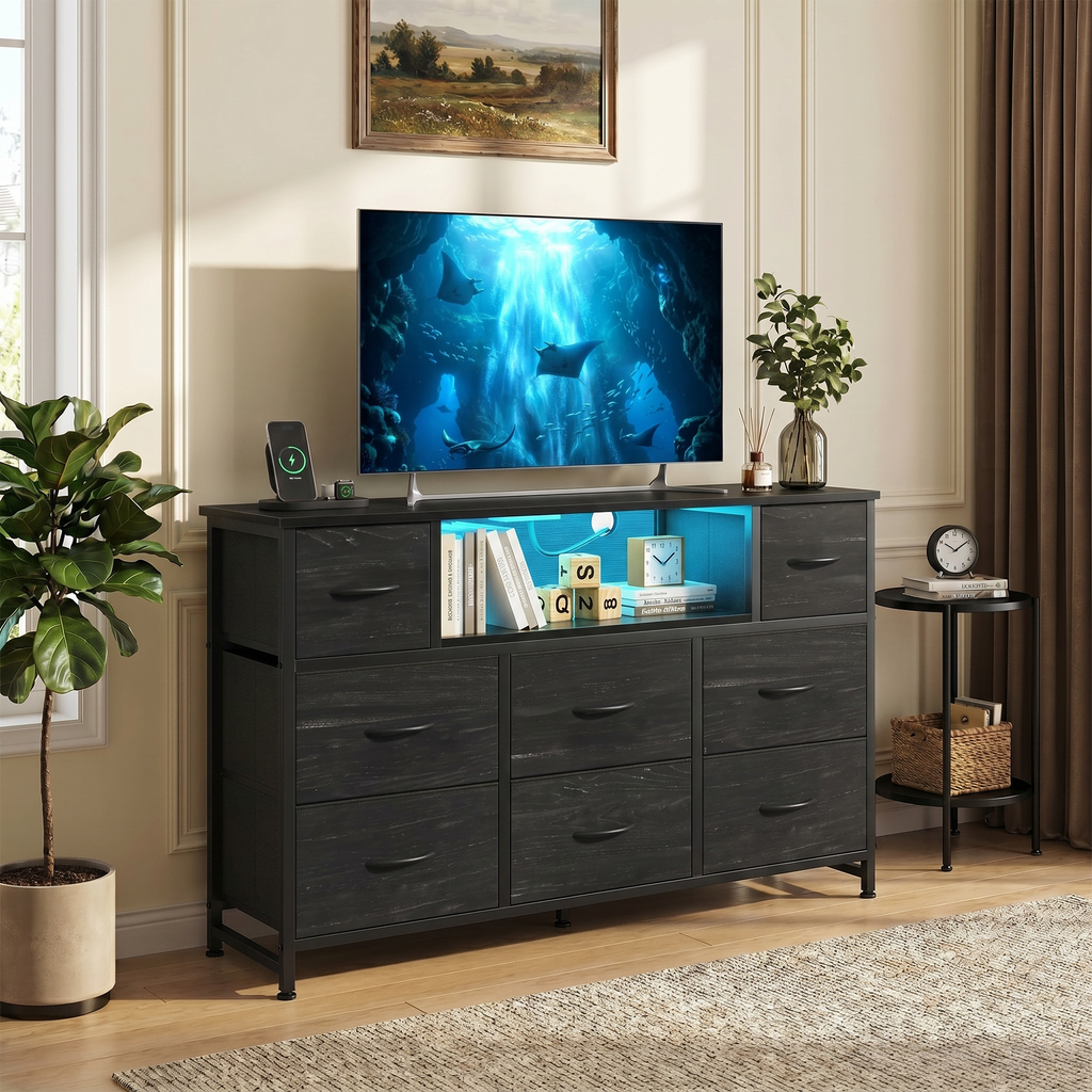 LIFERECORD Dresser TV Stand for 45-55 Inch, Chest of Drawers with LED Lights & USB Ports, Entertainment Center with Charging Station, Wood Top Media Console for Bedroom