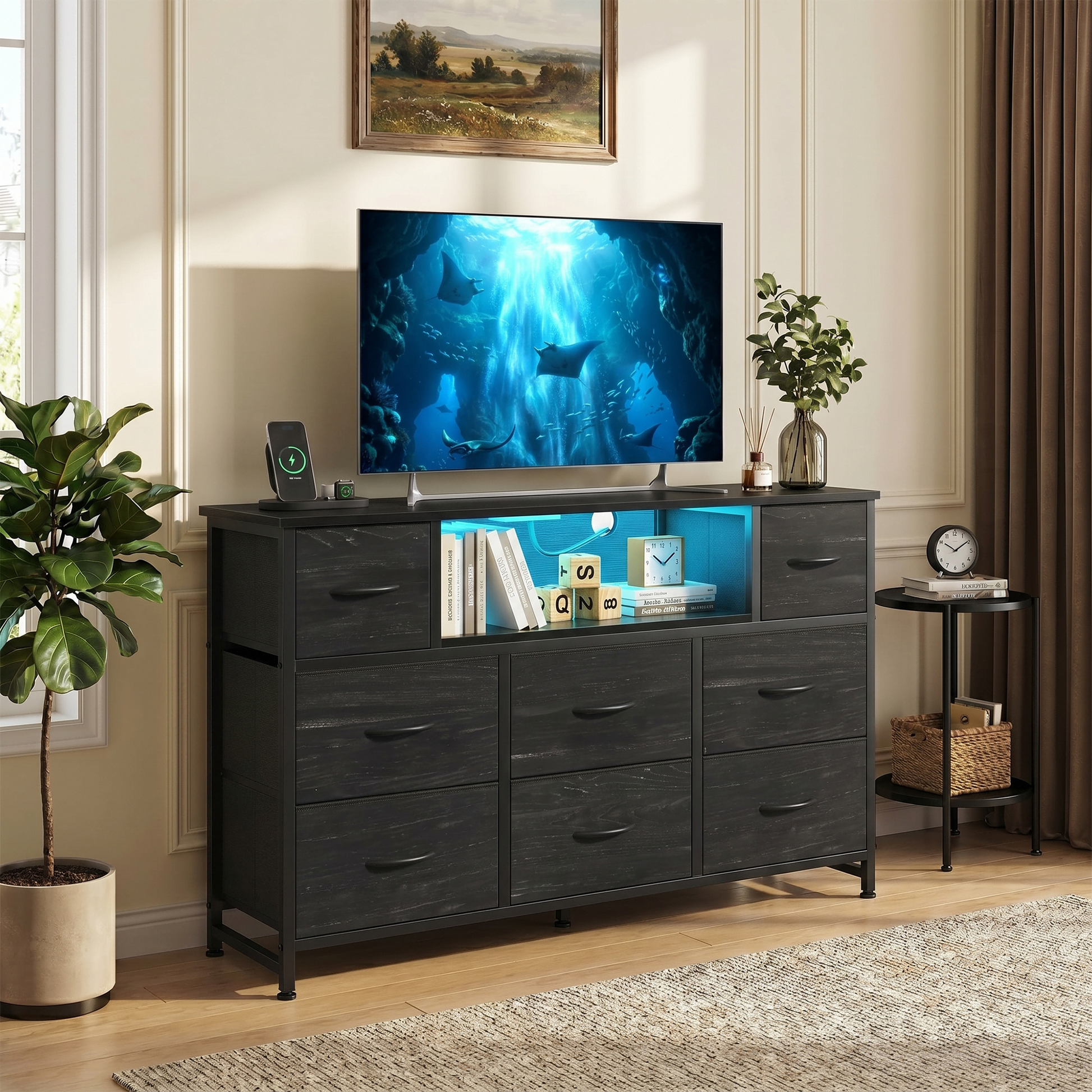 LIFERECORD Dresser TV Stand for 45-55 Inch, Chest of Drawers with LED Lights & USB Ports, Entertainment Center with Charging Station, Wood Top Media Console for Bedroom