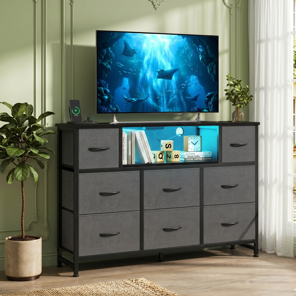 LIFERECORD Dresser TV Stand for 45-55 Inch, Chest of Drawers with LED Lights & USB Ports, Entertainment Center with Charging Station, Wood Top Media Console for Bedroom