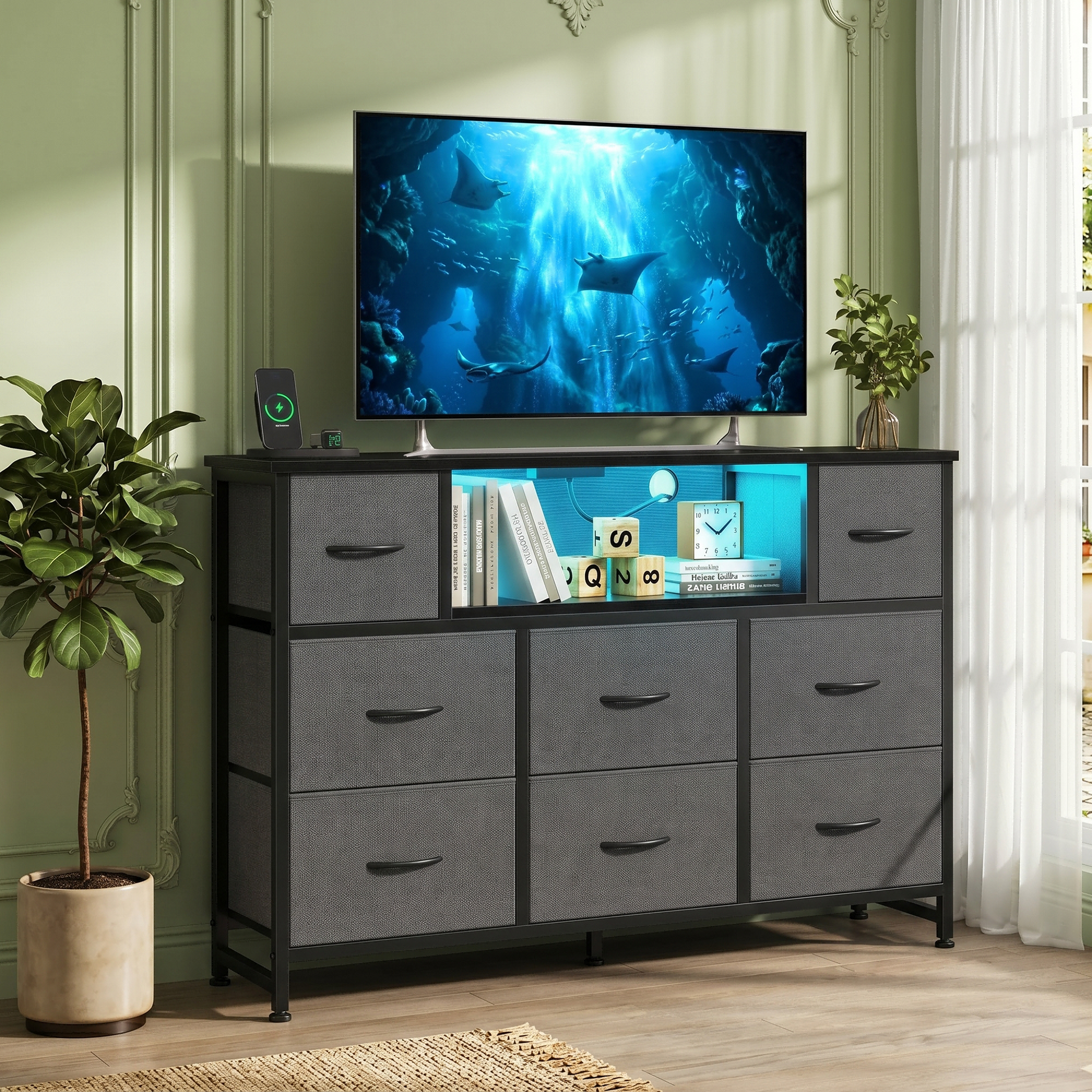 LIFERECORD Dresser TV Stand for 45-55 Inch, Chest of Drawers with LED Lights & USB Ports, Entertainment Center with Charging Station, Wood Top Media Console for Bedroom