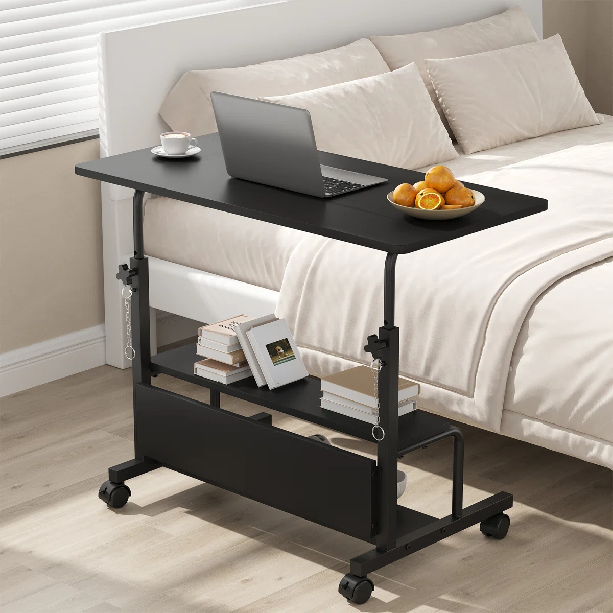 LIFERECORD Adjustable Height Standing Desk 31.5", Portable Rolling Desk on Wheels, Mobile Computer Desk with Lockable Wheels & 2-Tier Storage for Small Spaces Home Office