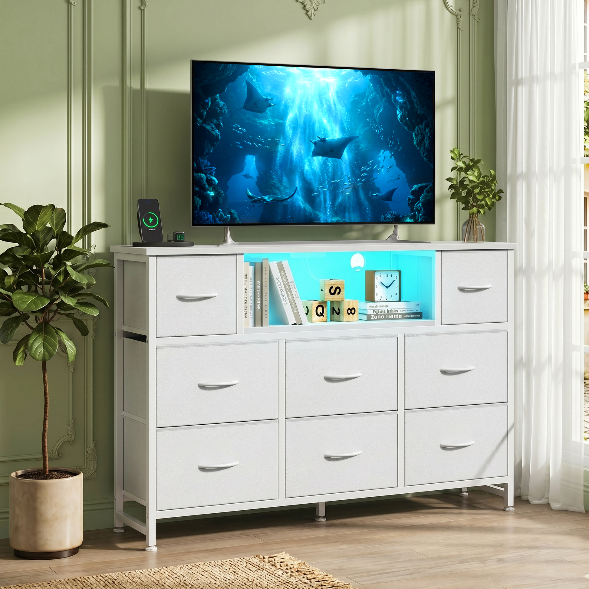 LIFERECORD Dresser TV Stand for 45-55 Inch, Chest of Drawers with LED Lights & USB Ports, Entertainment Center with Charging Station, Wood Top Media Console for Bedroom