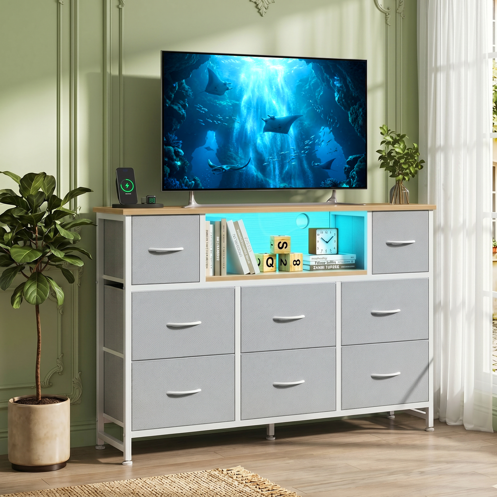 LIFERECORD Dresser TV Stand for 45-55 Inch, Chest of Drawers with LED Lights & USB Ports, Entertainment Center with Charging Station, Wood Top Media Console for Bedroom