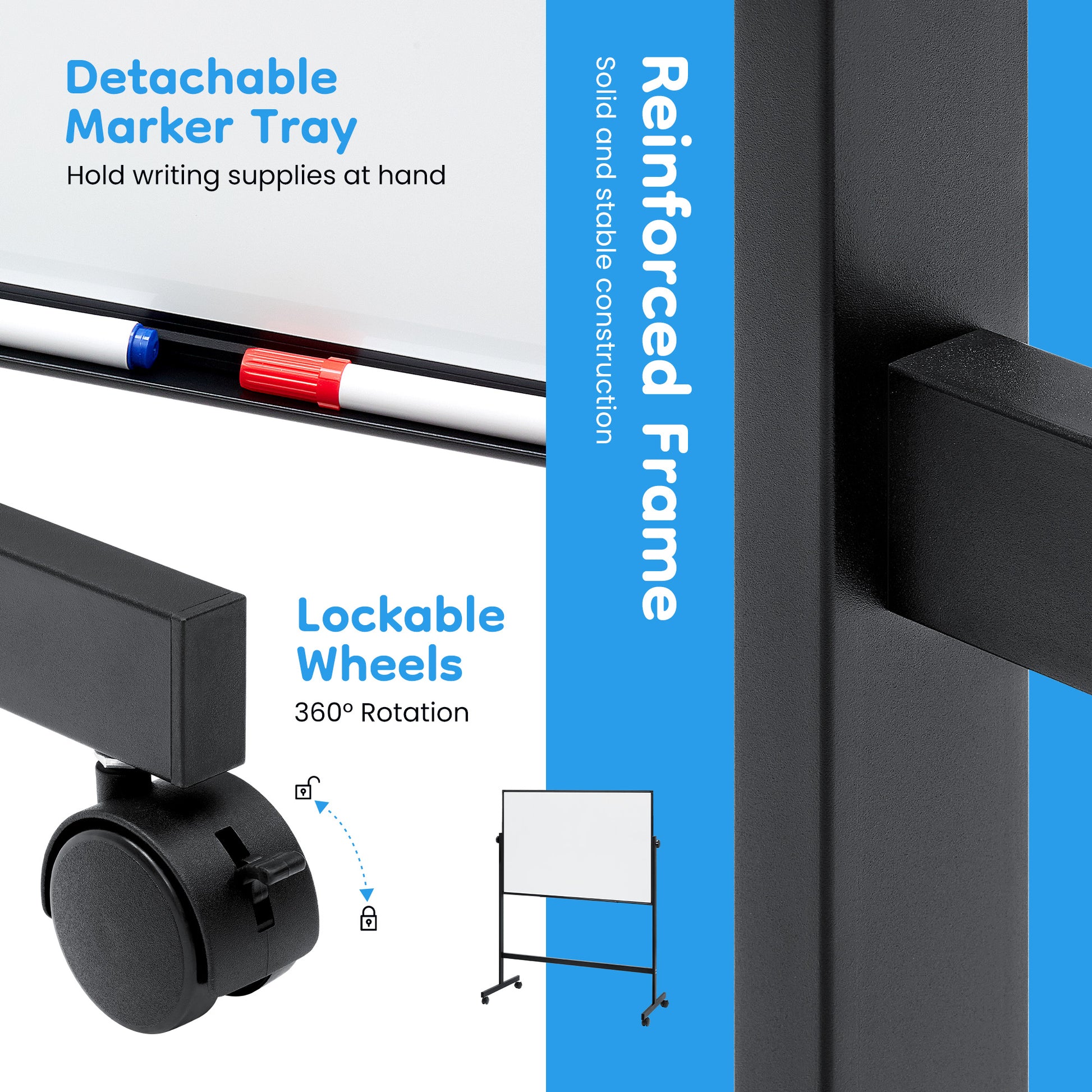 LIFERECORD 46"x32" Double-Sided Magnetic Mobile Whiteboard, Rolling Dry Erase Board Easel Stand on Wheels with Aluminium Frame for School Office Home, Black