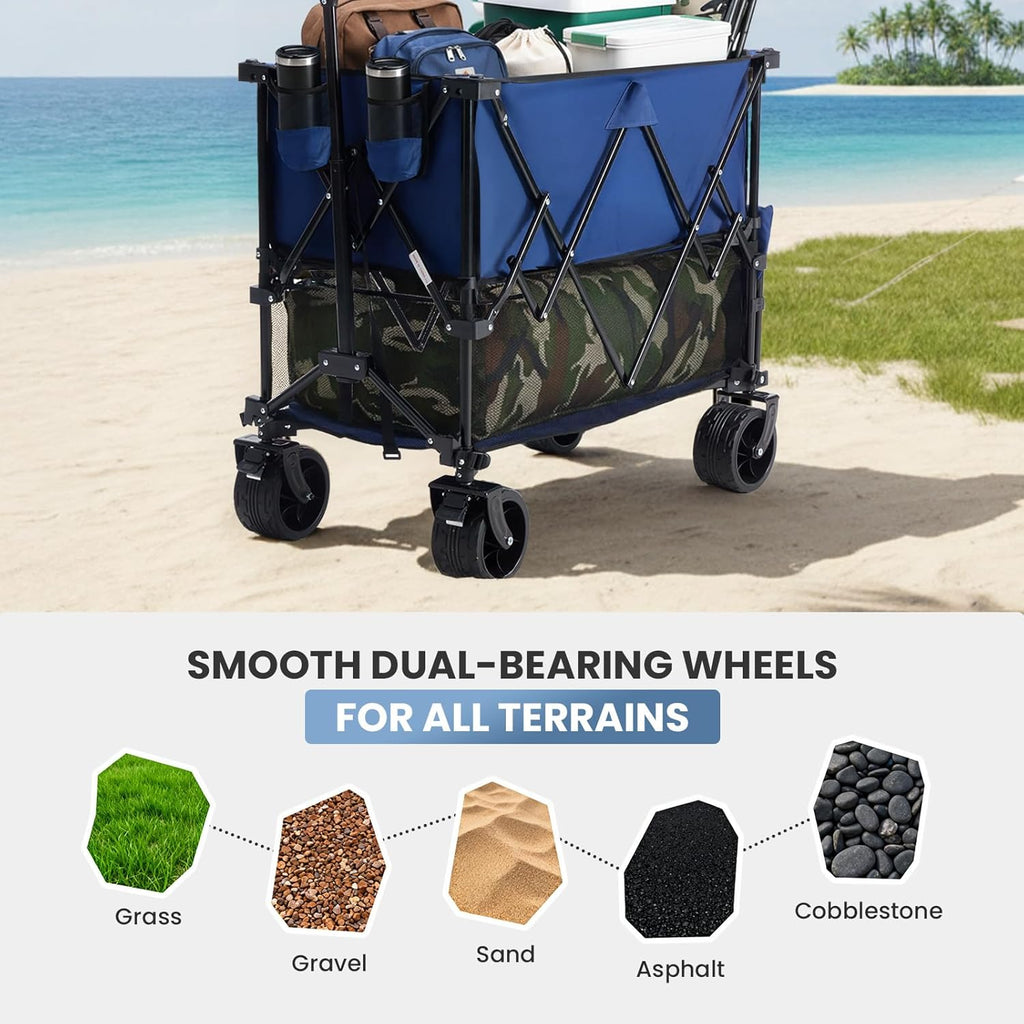 LIFERECORD Heavy-Duty Folding Wagon Cart - 440lb Capacity Foldable Utility Cart with Adjustable Handle & All-Terrain Wheels, Blue