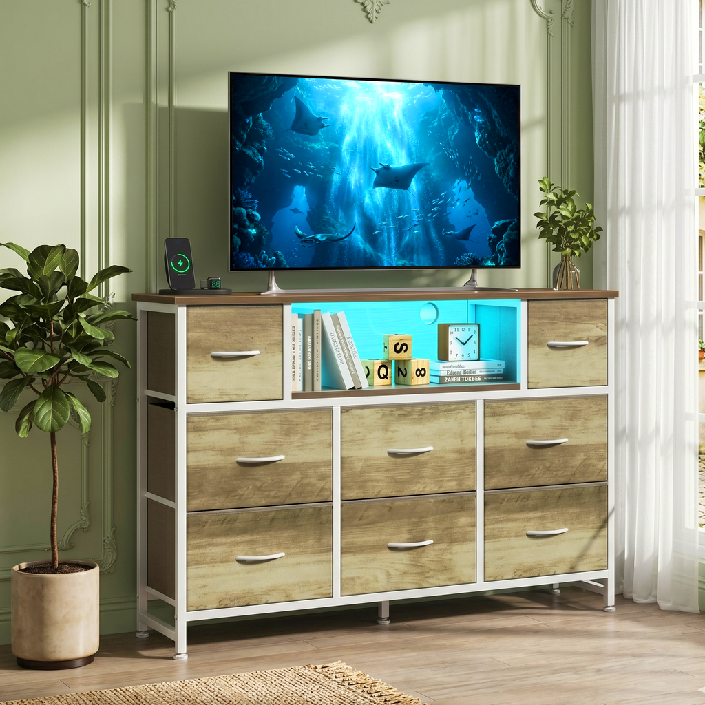LIFERECORD Dresser TV Stand for 45-55 Inch, Chest of Drawers with LED Lights & USB Ports,, Entertainment Center with Charging Station, Wood Top Media Console for Bedroom