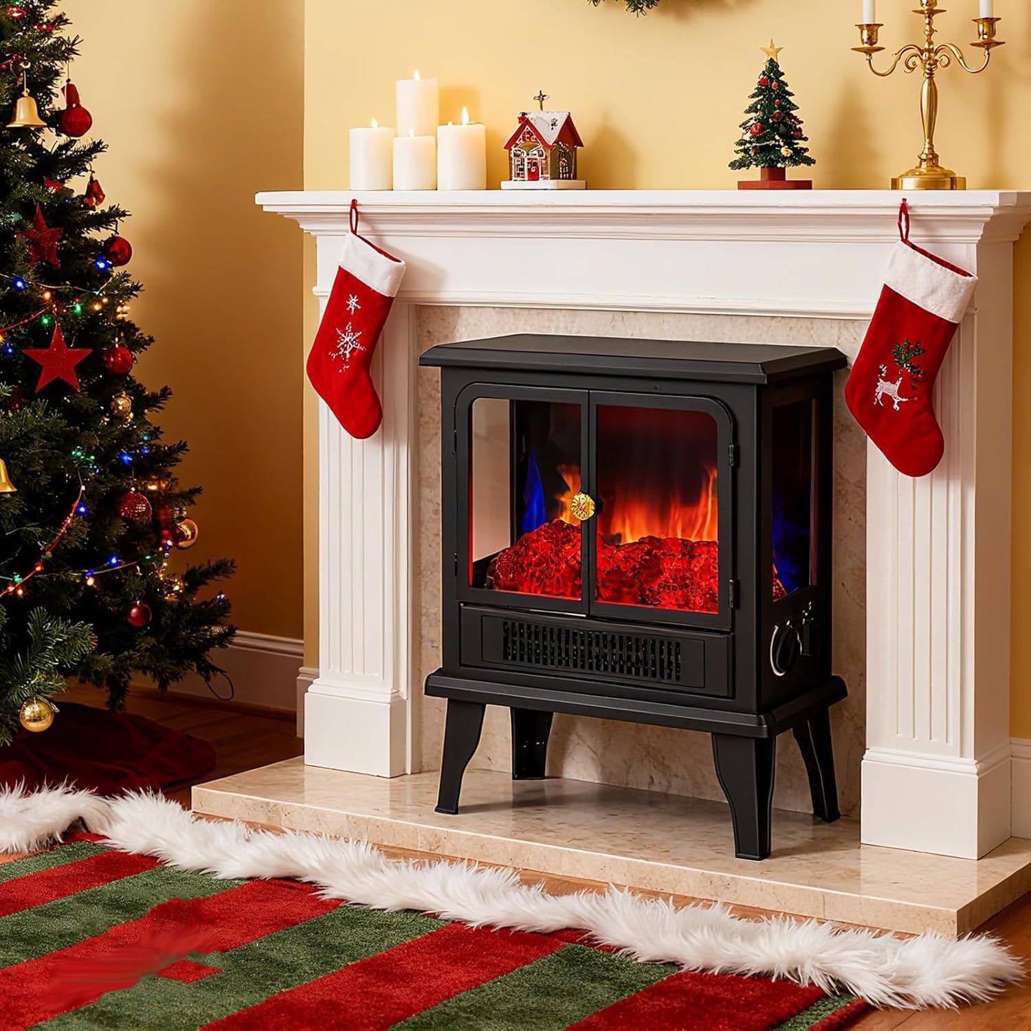 LIFERECORD 19" Freestanding Electric Fireplace Heater - Adjustable Realistic 3D Flame, 2 Heat Settings, Double Door, Overheat Protection, Easy Control for Bedroom & Living Room