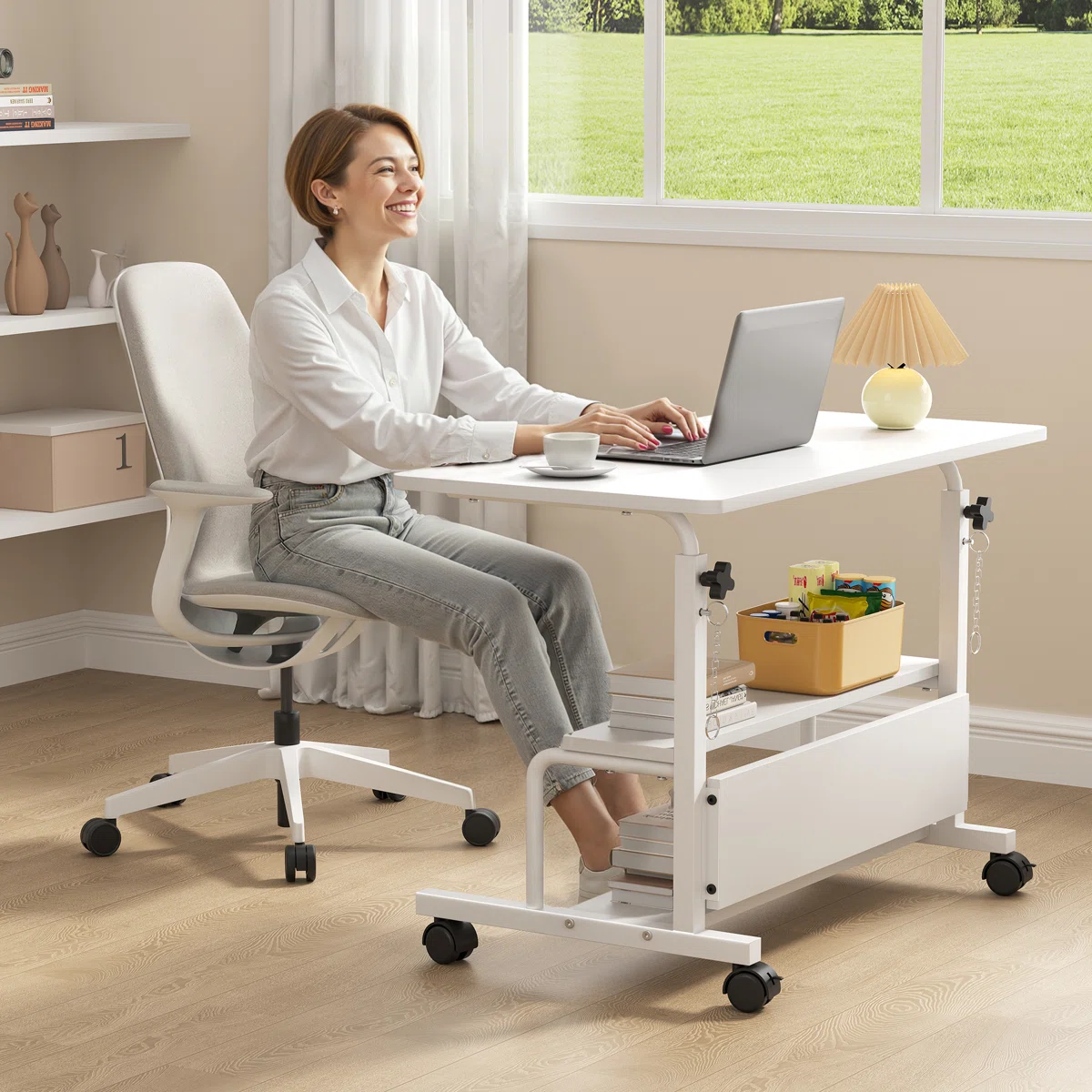 LIFERECORD Adjustable Height Standing Desk 31.5", Portable Rolling Desk on Wheels, Mobile Computer Desk with Lockable Wheels & 2-Tier Storage for Small Spaces Home Office