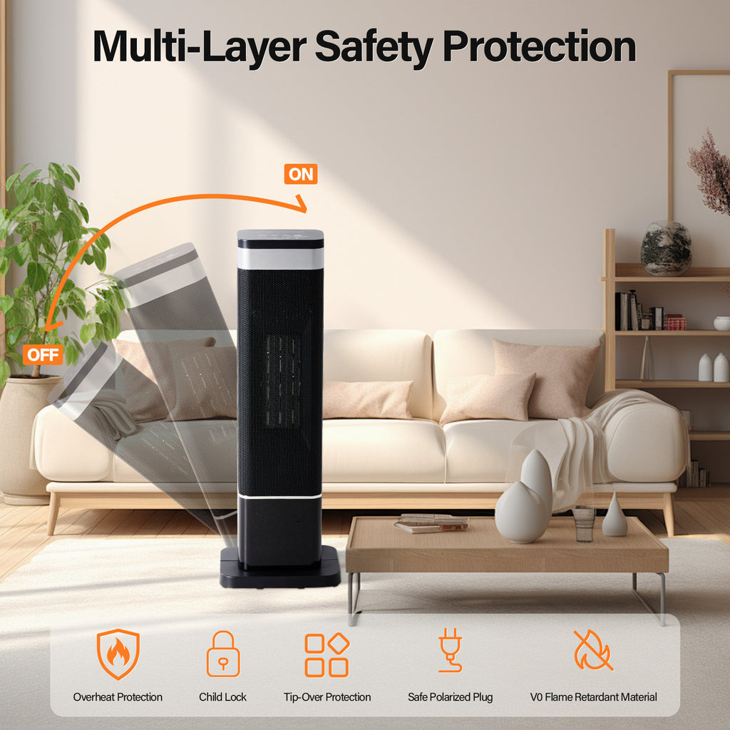 LIFERECORD Portable Space Heater for Indoor Use, 60°Oscillating Tower Heater with Thermostat, 12H Timer and Remote Control, 24 Inches, 1500W, Up to 99°F, Black