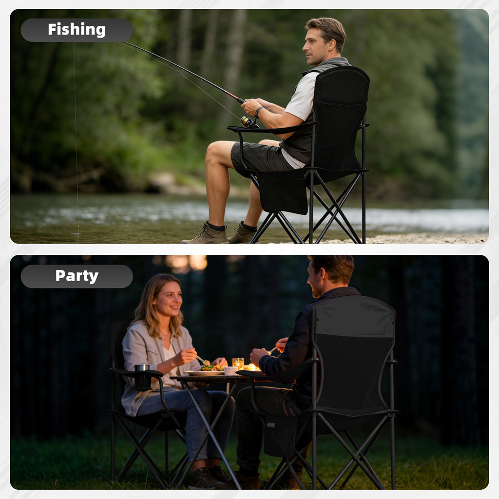 LIFERECORD Portable Camping Chair with Cup Holder & Side Pocket, Lightweight Folding Outdoor Chair for Beach, Fishing, Picnic, Heavy Duty 300LBS Capacity, Black