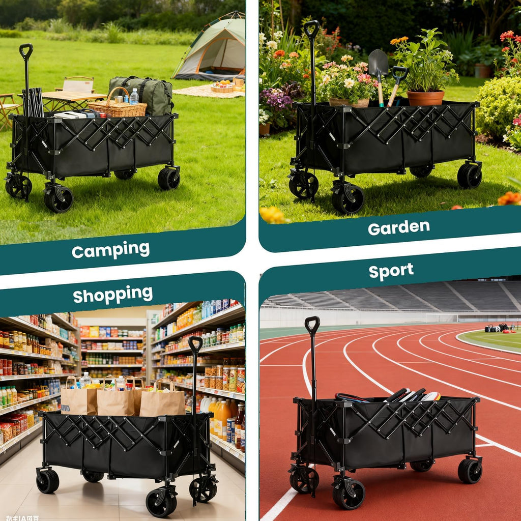 ACCVER Heavy Duty Collapsible Wagon Cart - 440LBS Capacity Folding Utility Cart w/ All-Terrain Wheels for Camping, Beach, Grocery, Sports (Foldable & Portable), Extra Large Black