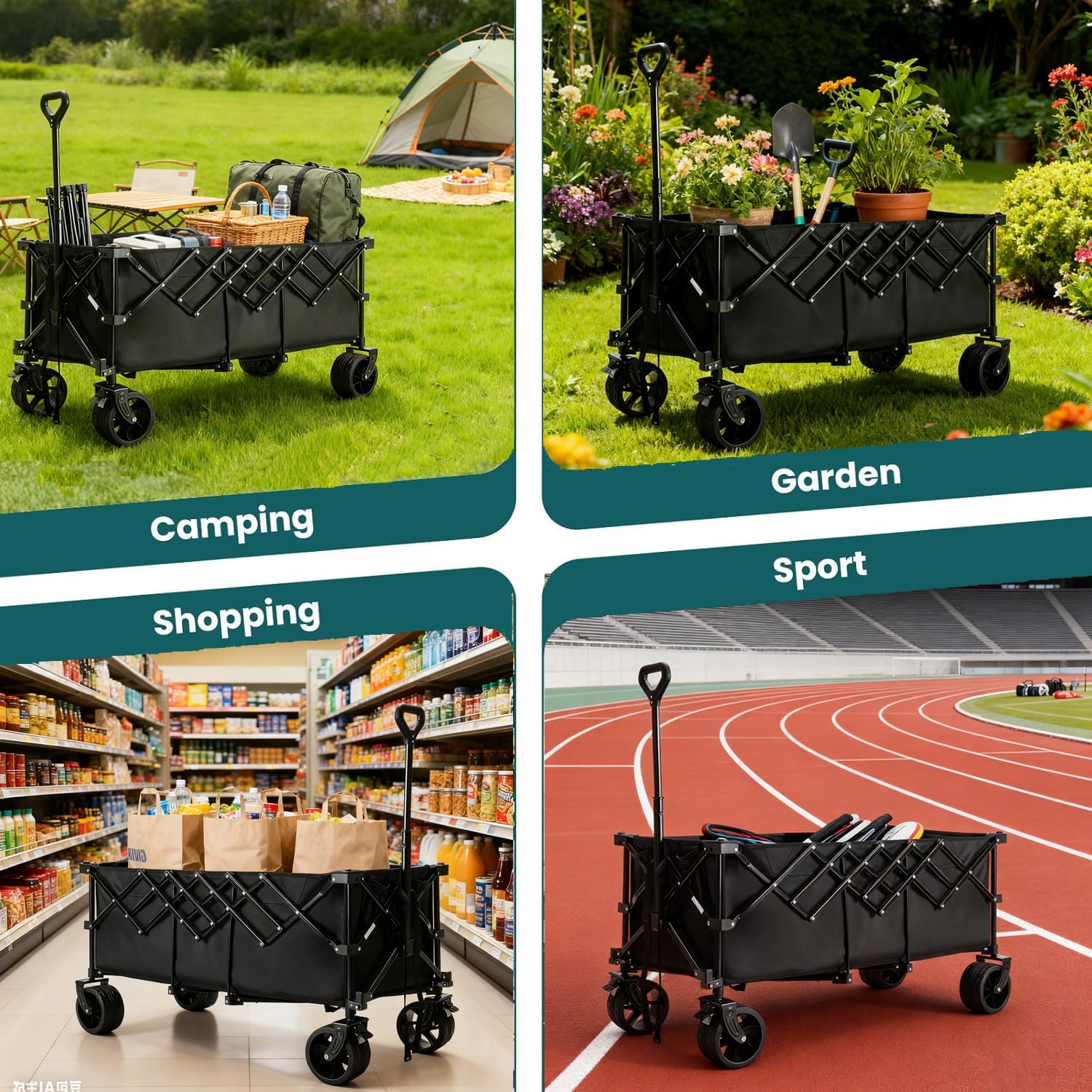 ACCVER Heavy Duty Collapsible Wagon Cart - 440LBS Capacity Folding Utility Cart w/ All-Terrain Wheels for Camping, Beach, Grocery, Sports (Foldable & Portable), Extra Large Black