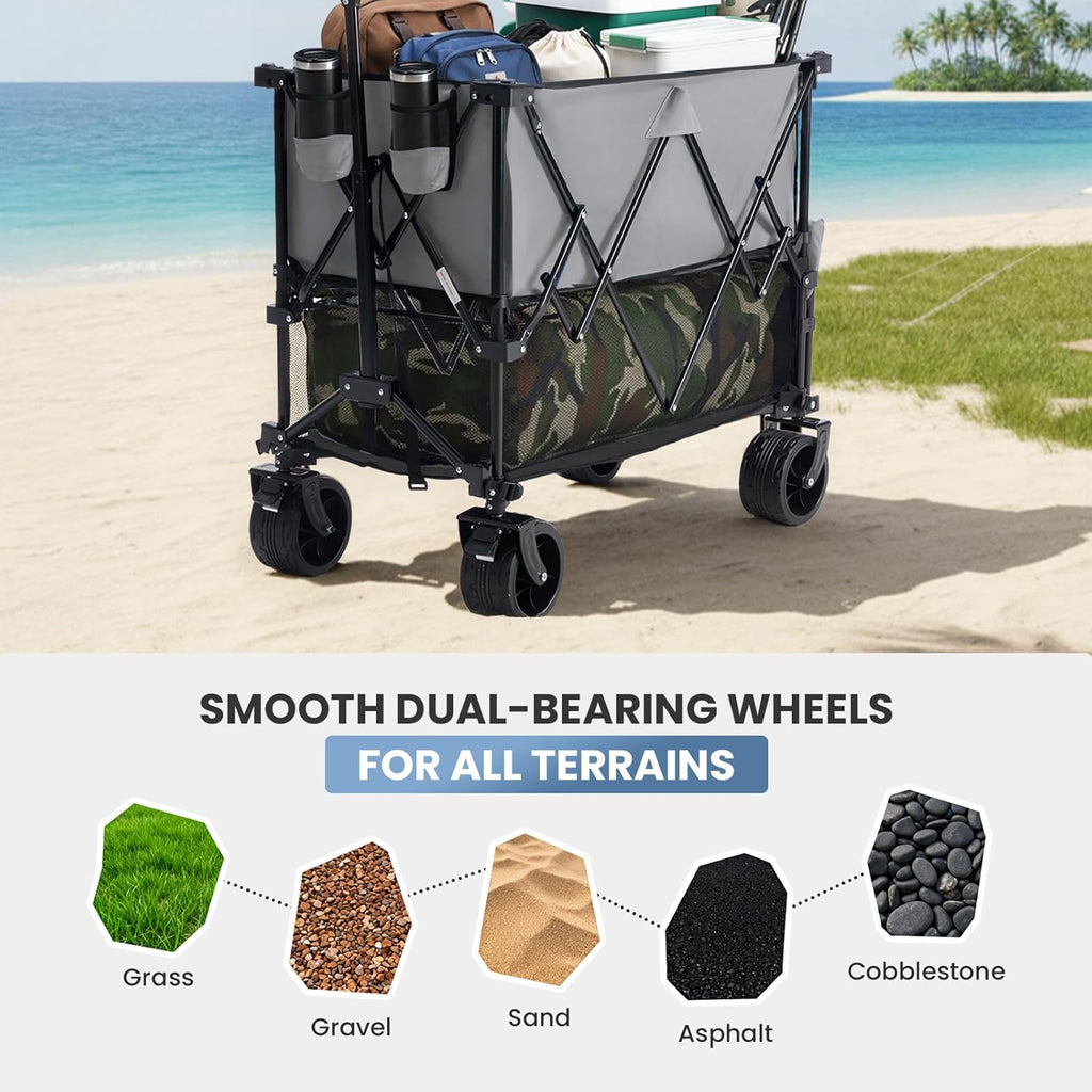 LIFERECORD Heavy-Duty Folding Wagon Cart - 440lb Capacity Foldable Utility Cart with Adjustable Handle & All-Terrain Wheels, Gray