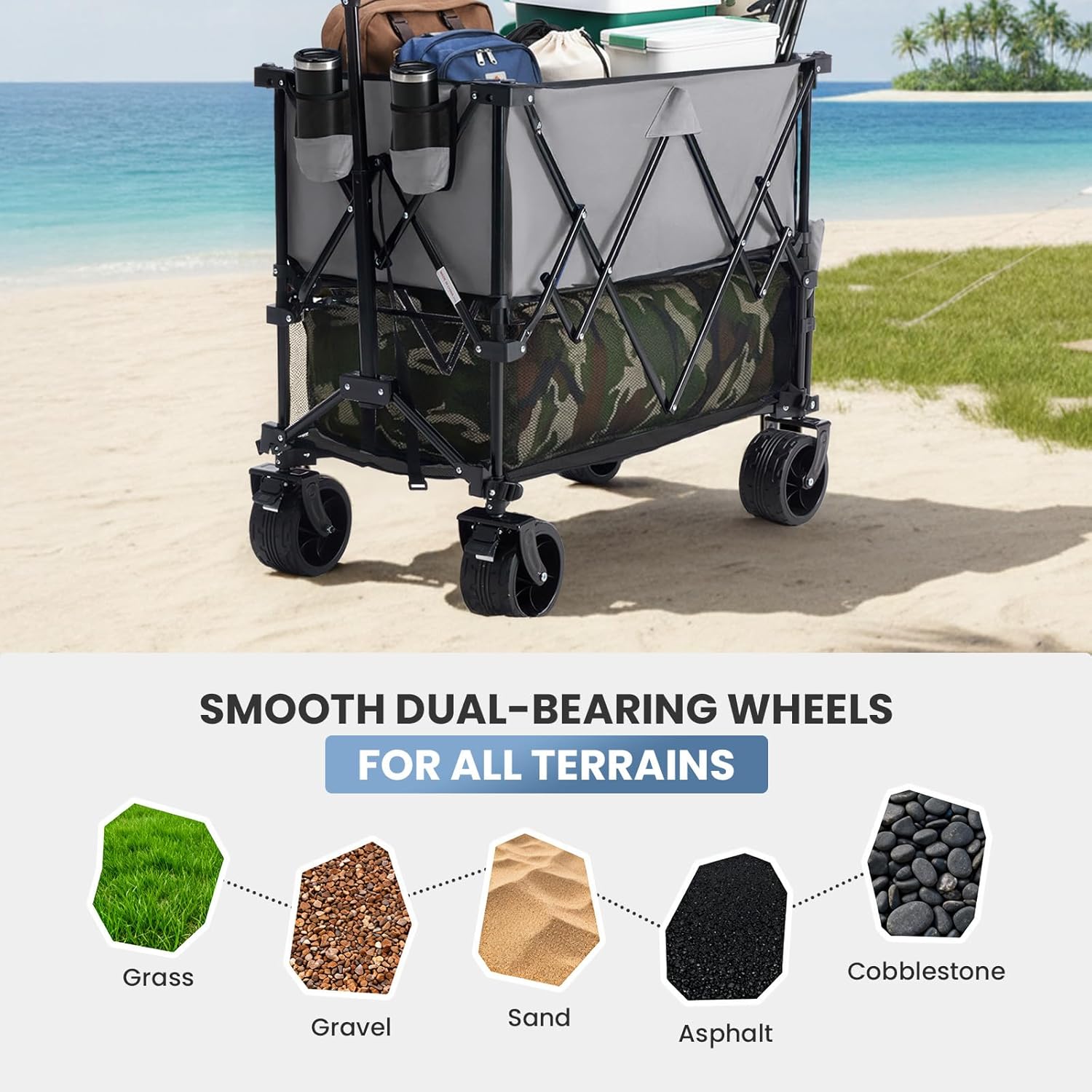 LIFERECORD Heavy-Duty Folding Wagon Cart - 440lb Capacity Foldable Utility Cart with Adjustable Handle & All-Terrain Wheels, Gray