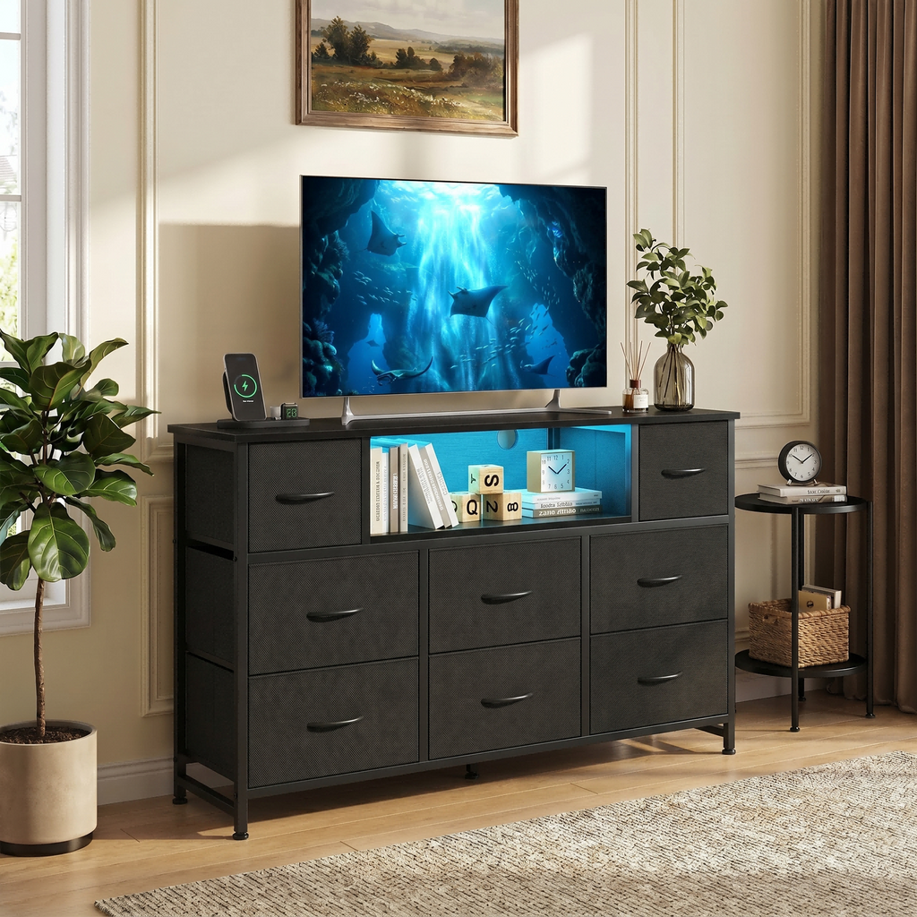 LIFERECORD Dresser TV Stand for 45-55 Inch, Chest of Drawers with LED Lights & USB Ports, Entertainment Center with Charging Station, Wood Top Media Console for Bedroom