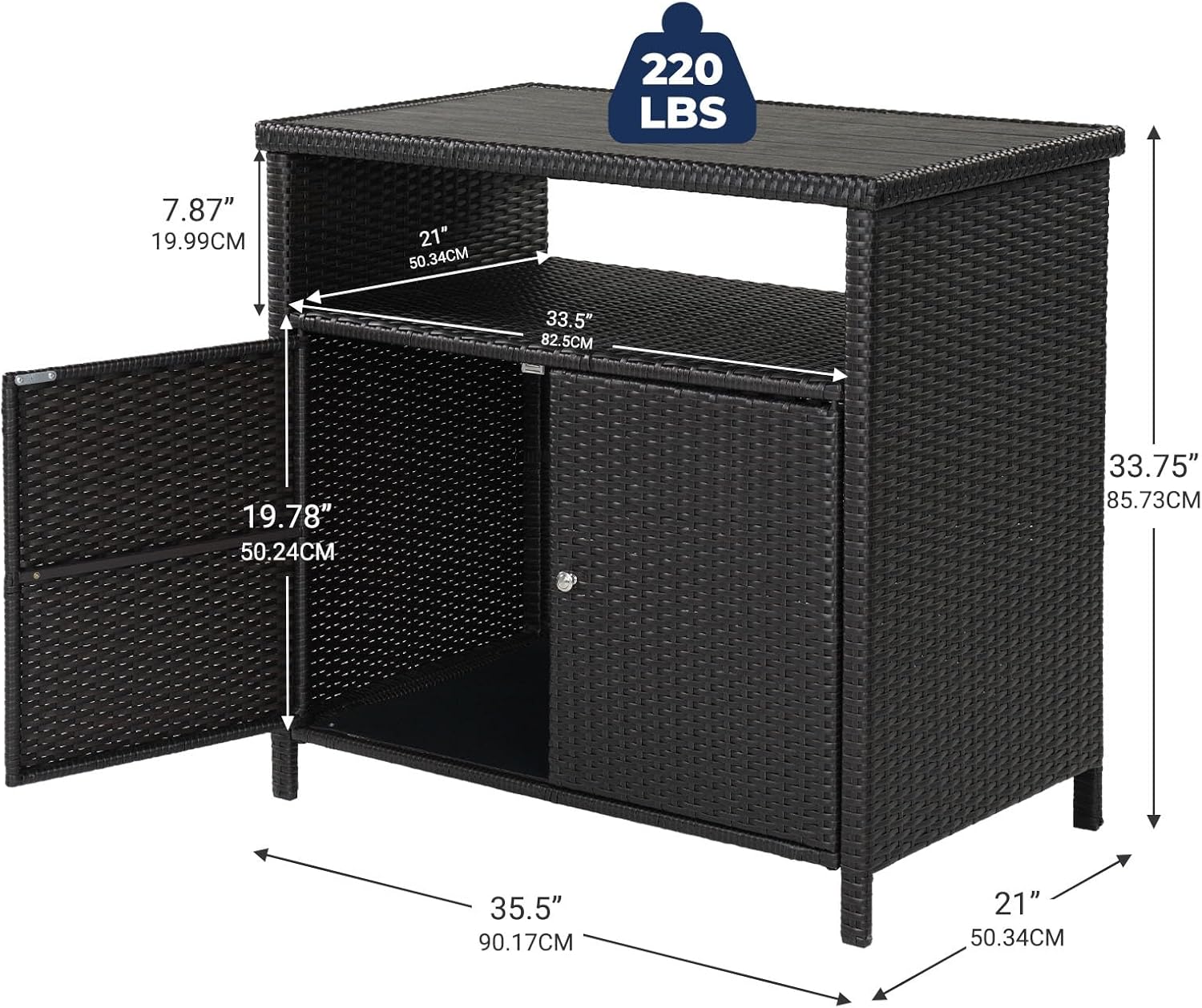 LIFERECORD Outdoor Waterproof Wicker Storage Cabinet, 2-Door Buffet Sideboard with Shelves, Rust-Proof Steel Frame, Patio Bar Table for Garden/Kitchen