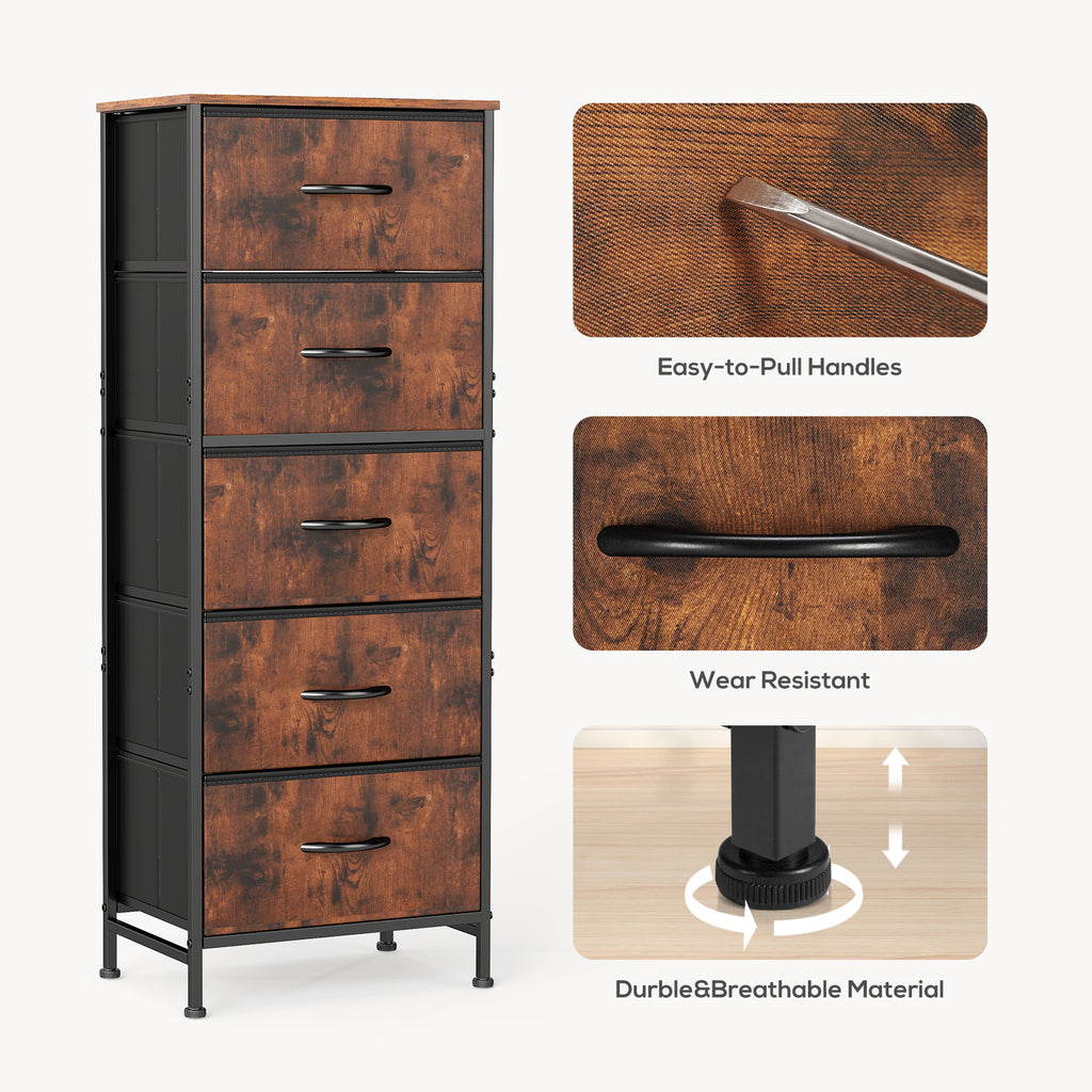 ACCVER Dresser for Bedroom 5 Storage drawer, Fabric Closet Chests Organizer Tower with Wooden Top Metal Frame for Living Room Hallway Entryway, Brown