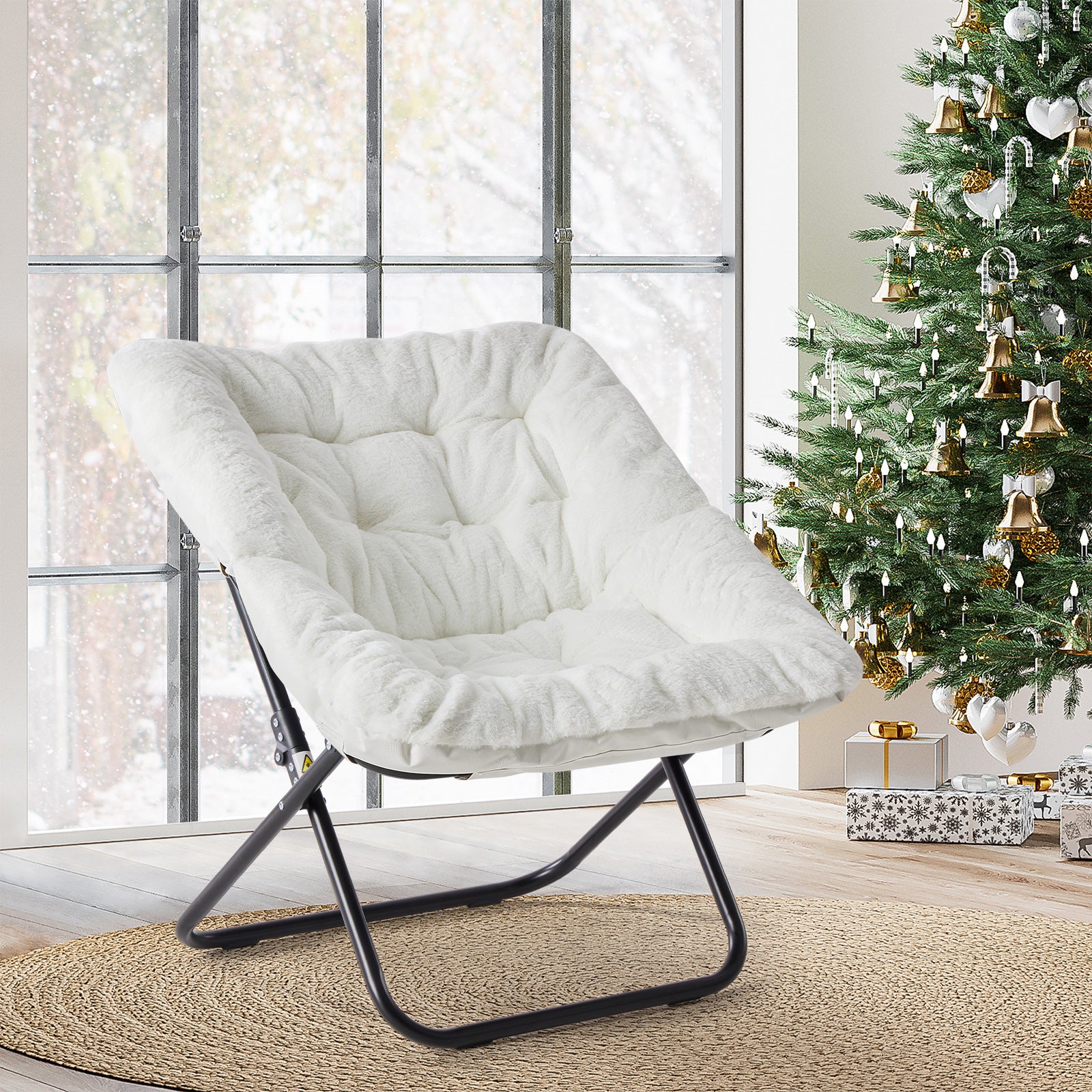 LIFERECORD Oversized Faux Fur Folding Chair - Plush Lounge Chair for Adults, Large Foldable Reading Chair for Bedroom, Dorm & Living Room, White