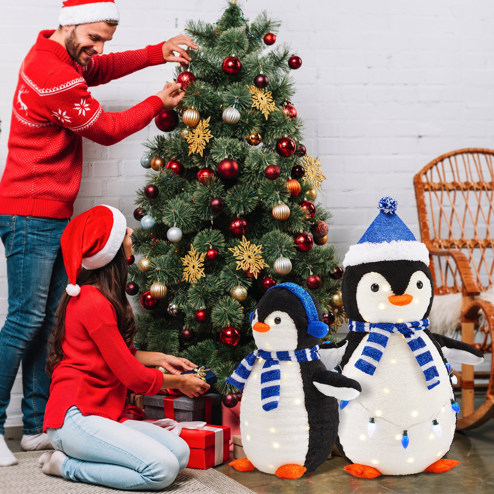 LIFERECORD 2PC Lighted Penguin Family, 3ft Pop-Up Outdoor Christmas Holiday Decoration w/ 150 LED Lights, Multicolored Lights - Blue