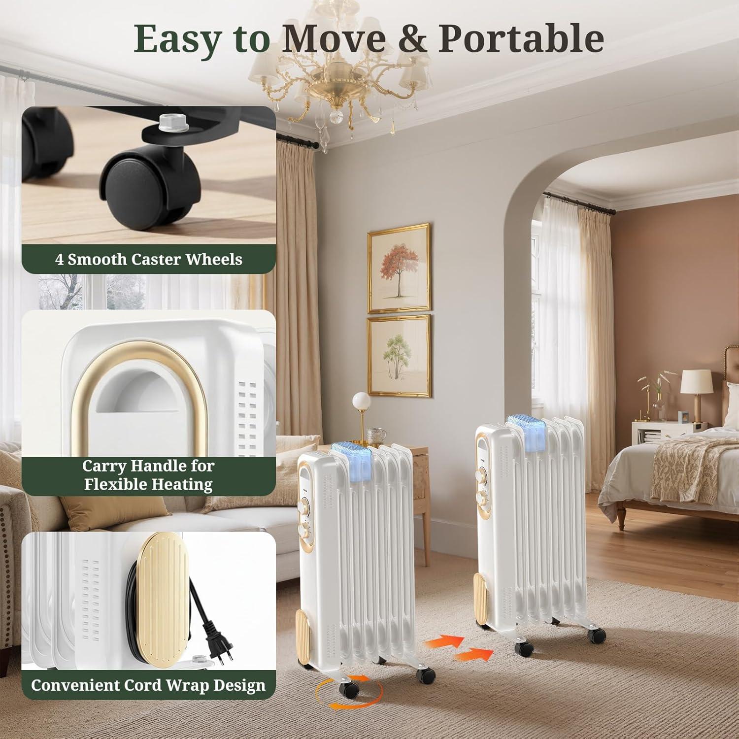 ROSVOVO 1500W Oil Filled Radiator Heater - 3 Heat Settings, Adjustable Thermostat, Ultra Quiet Portable Space Heater for Bedroom & Office, White