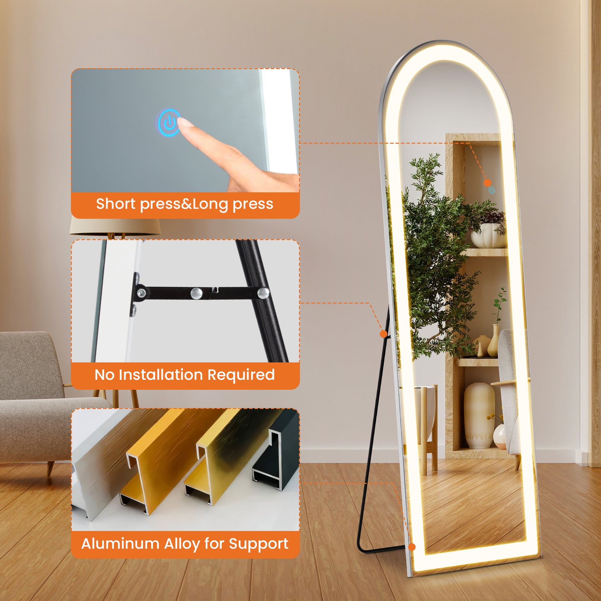 LIFERECORD 60"x16" Full Length Mirror with LED Lights, 3 Color Lighting Floor Standing Mirror with Dimming, Standing and Wall Mounted Mirror for Bedroom, Living Room, Cloakroom (Rounded Corners)