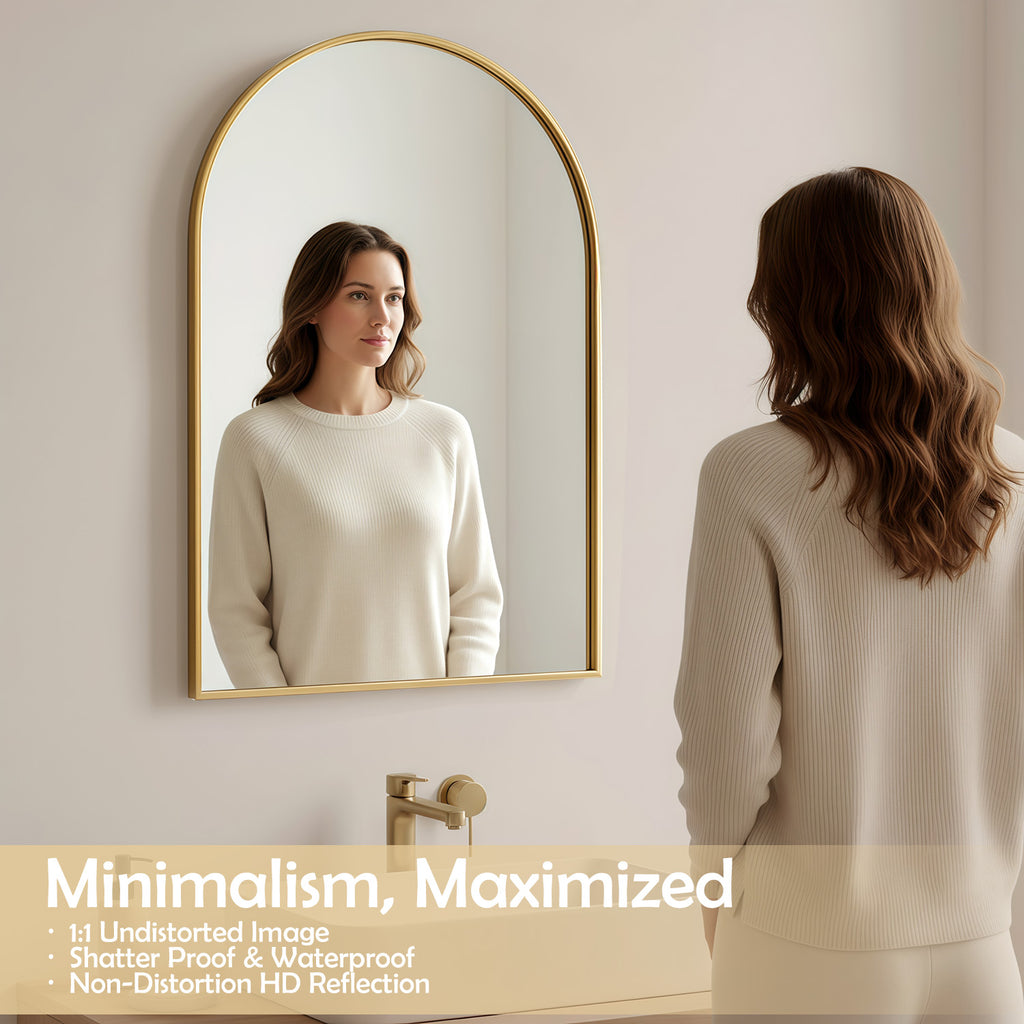 LIFERECORD 20"x30" Metal Frame Arched Bathroom Mirror, Gold