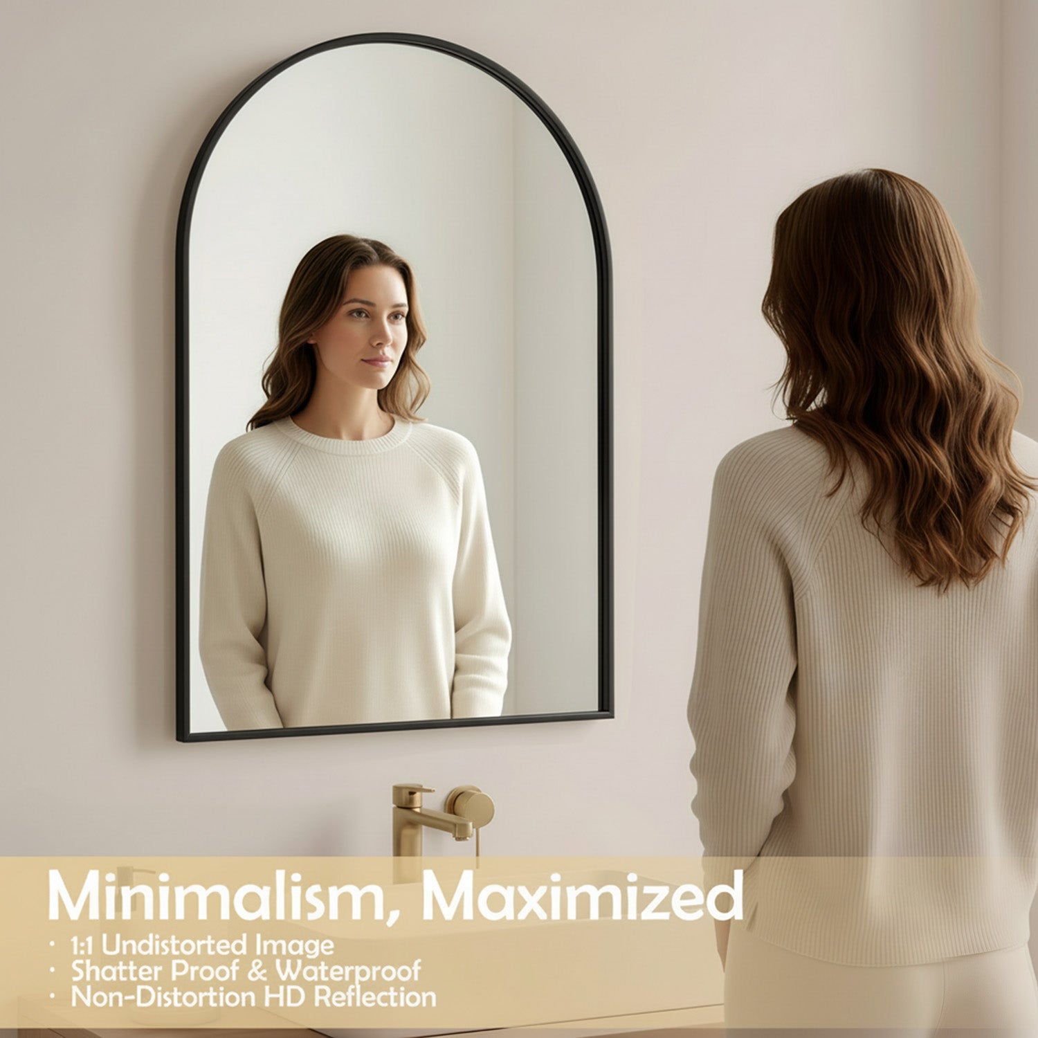 LIFERECORD 24" x 36" Metal Frame Arched Bathroom Mirror, Black