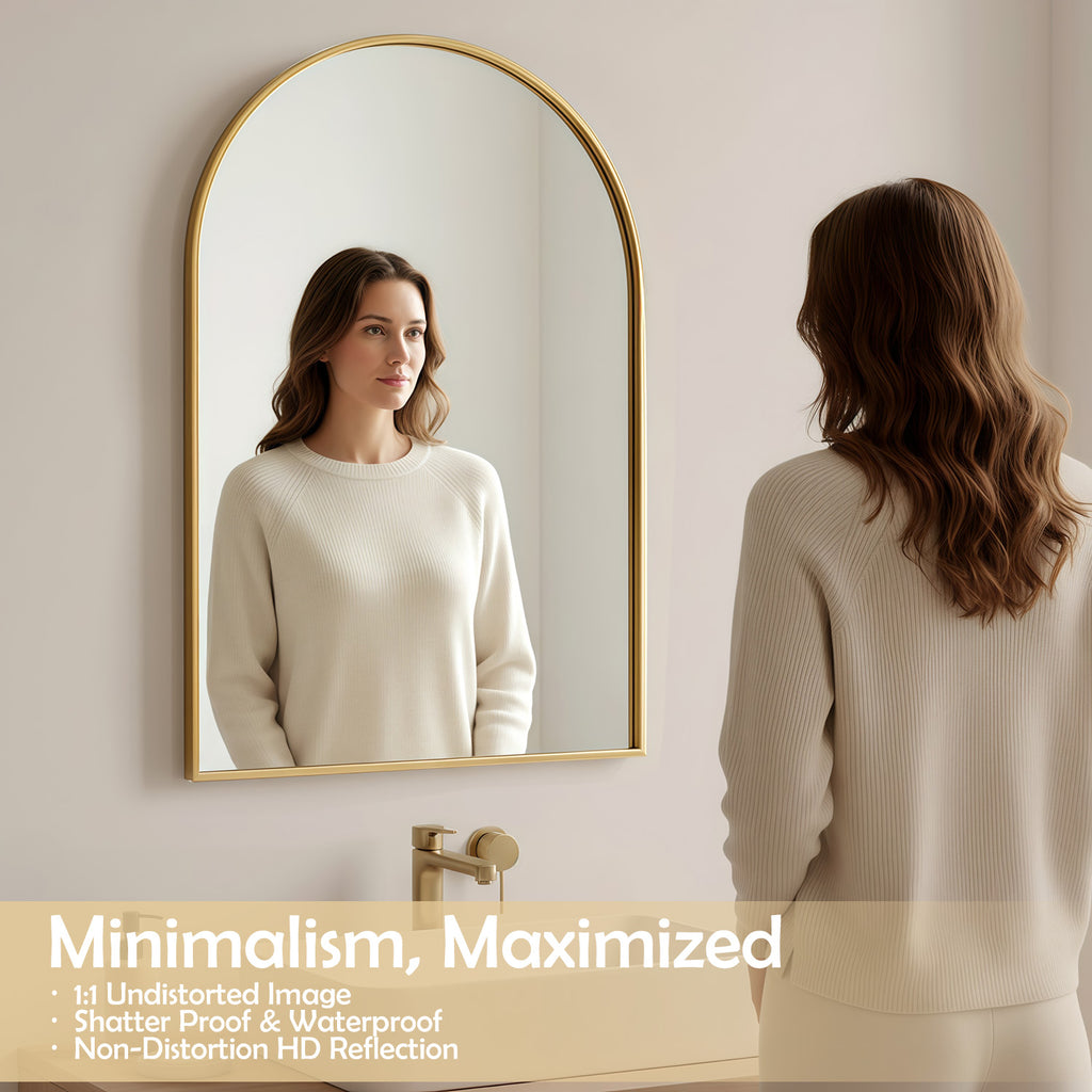 LIFERECORD 24" x 36" Metal Frame Arched Bathroom Mirror, Gold