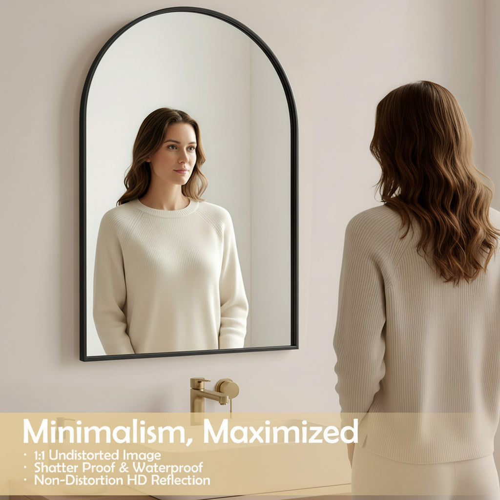 LIFERECORD 26"x38" Metal Frame Arched Bathroom Mirror, Black