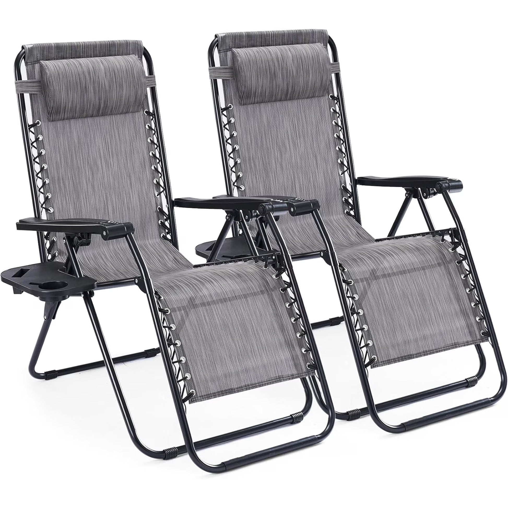 ACCVER Set of 2 Zero Gravity Chairs with Cup Holder Trays, Portable Recliner Beach Camping Patio Outdoor Folding Lounge Chairs with Adjustable Pillow, Gray