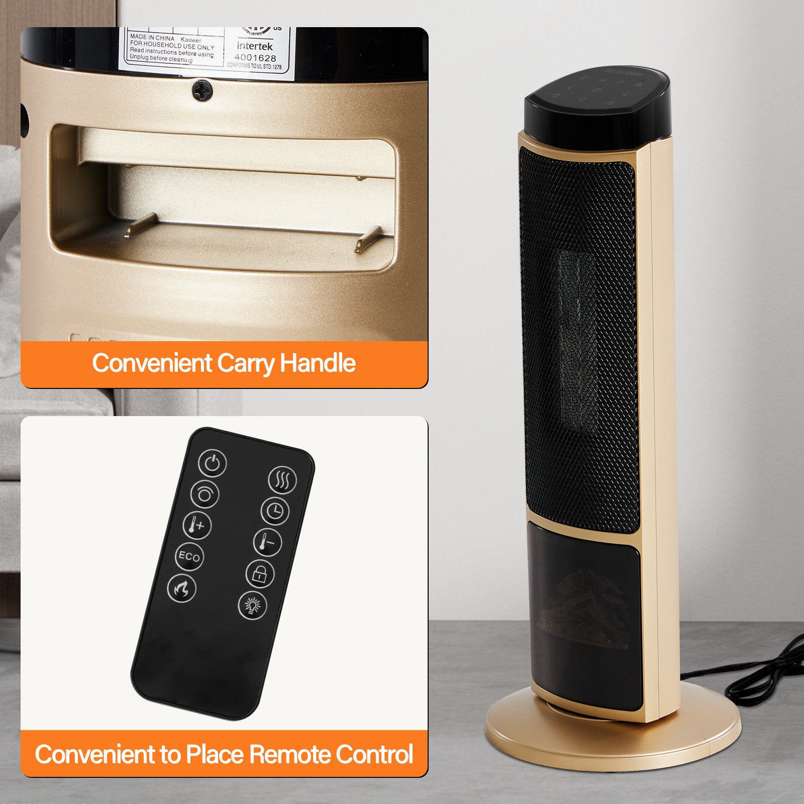 LIFERECORD Oscillating Space Heater with Remote, 70° Wide-Angle Heating, Quiet Portable Indoor Heater with Tip-Over Protection for Office & Home, Gold