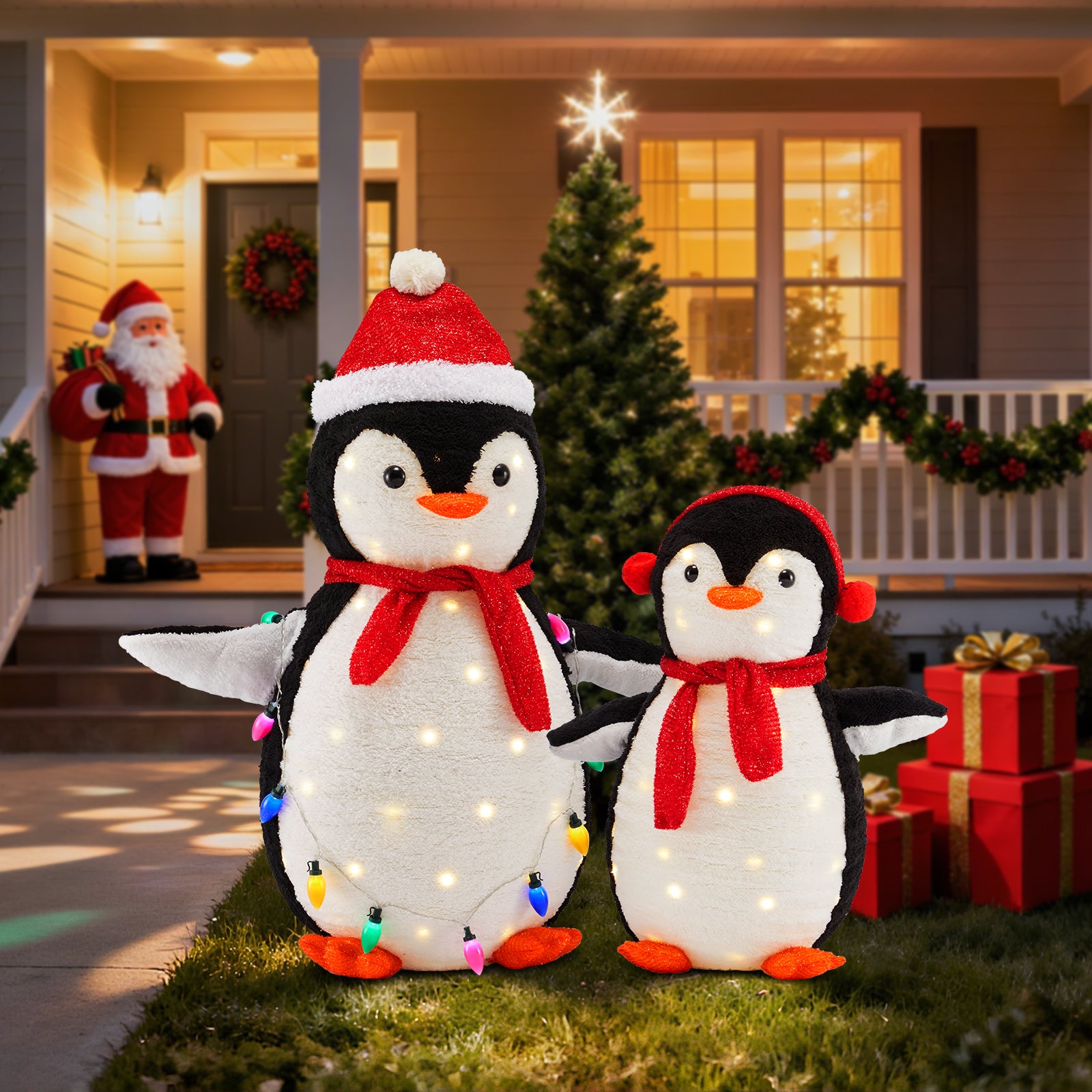 LIFERECORD 2PC Lighted Penguin Family, 3ft Pop-Up Outdoor Christmas Holiday Decoration w/ 150 LED Lights, Multicolored Lights - Red