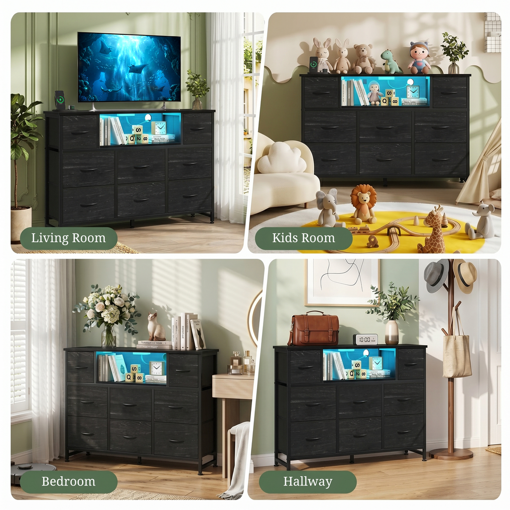 LIFERECORD Dresser TV Stand for 45-55 Inch, Chest of Drawers with LED Lights & USB Ports, Entertainment Center with Charging Station, Wood Top Media Console for Bedroom