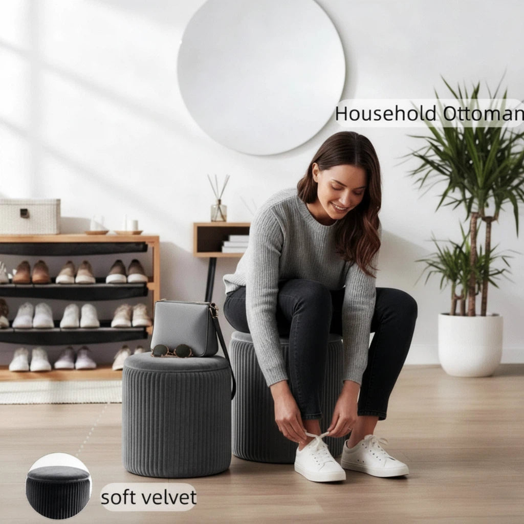 LIFERECORD Round Ottoman with Storage Set of 2, Vanity Stool with Storage for Bedroom, Ottoman Coffee Table,Small Velvet Foot Stool for Living Room, Grey